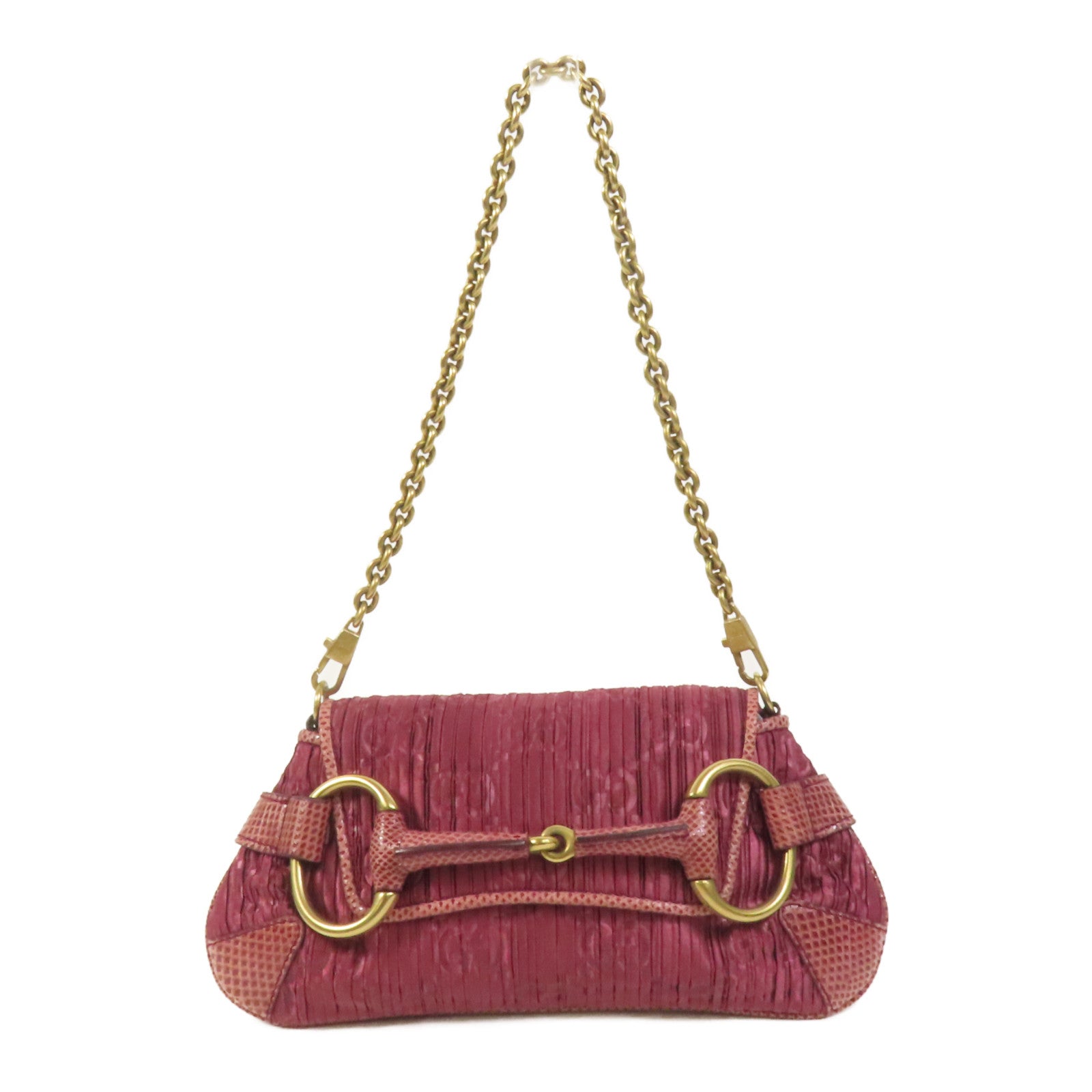 GUCCI 絲質/蜥蜴皮革Horsebit 1955金扣肩背袋