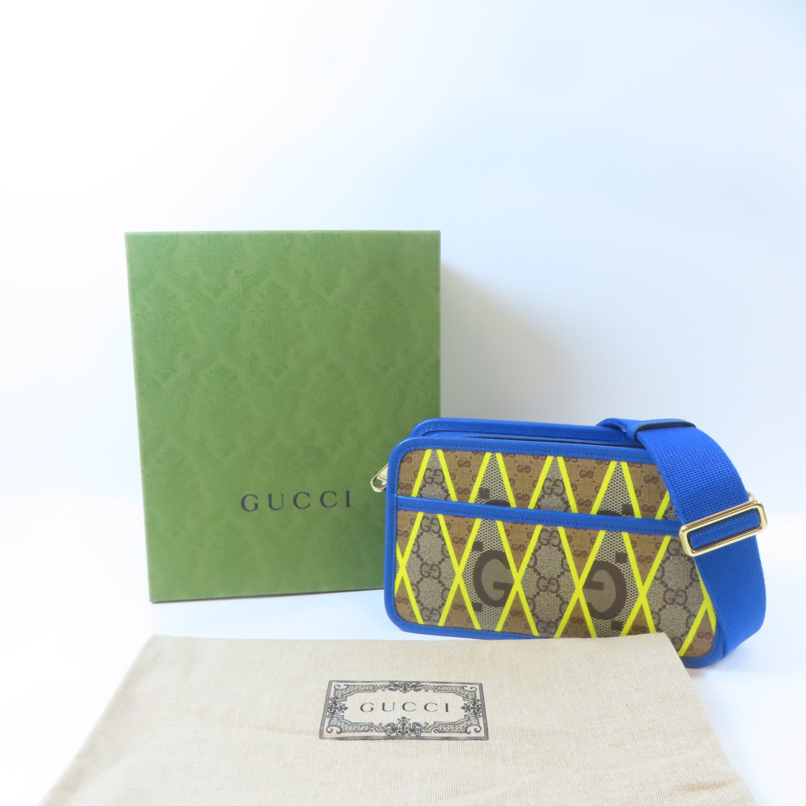 GUCCI 【激減優惠】塗層帆布Shoulder Bag金扣肩背袋啡色/藍色