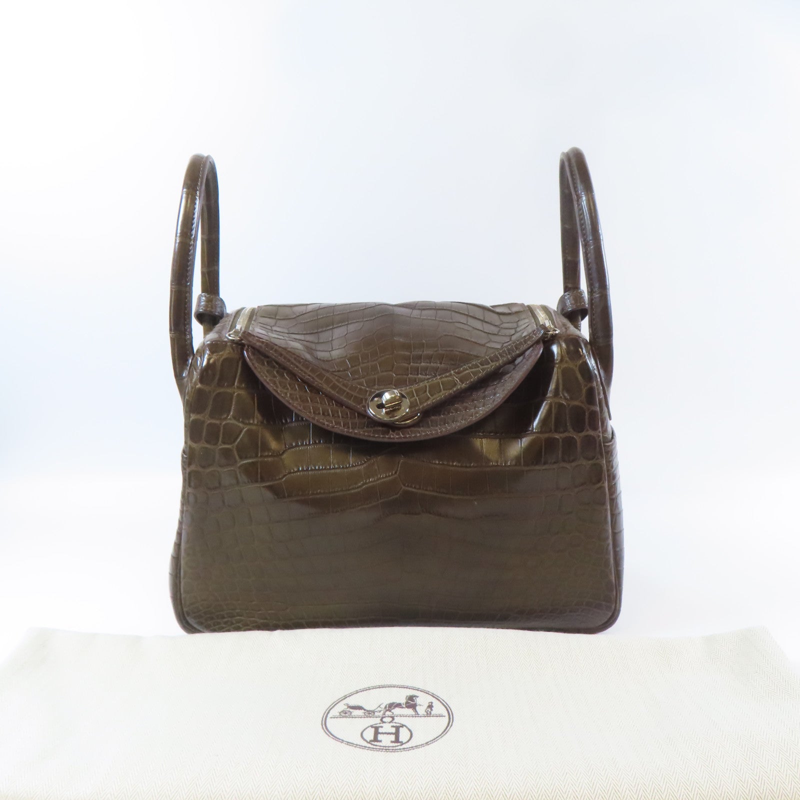 HERMES Croco Niloticus Mat Lindy 30 2 Way Shoulder Bag銀扣手挽肩背兩用袋Gris Elephant啡色