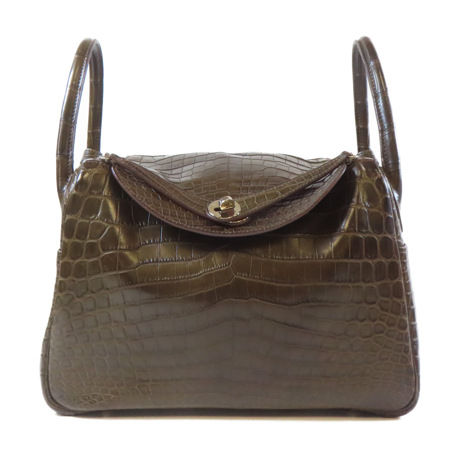HERMES Croco Niloticus Mat Lindy 30 2 Way Shoulder Bag銀扣手挽肩背兩用袋Gris Elephant啡色