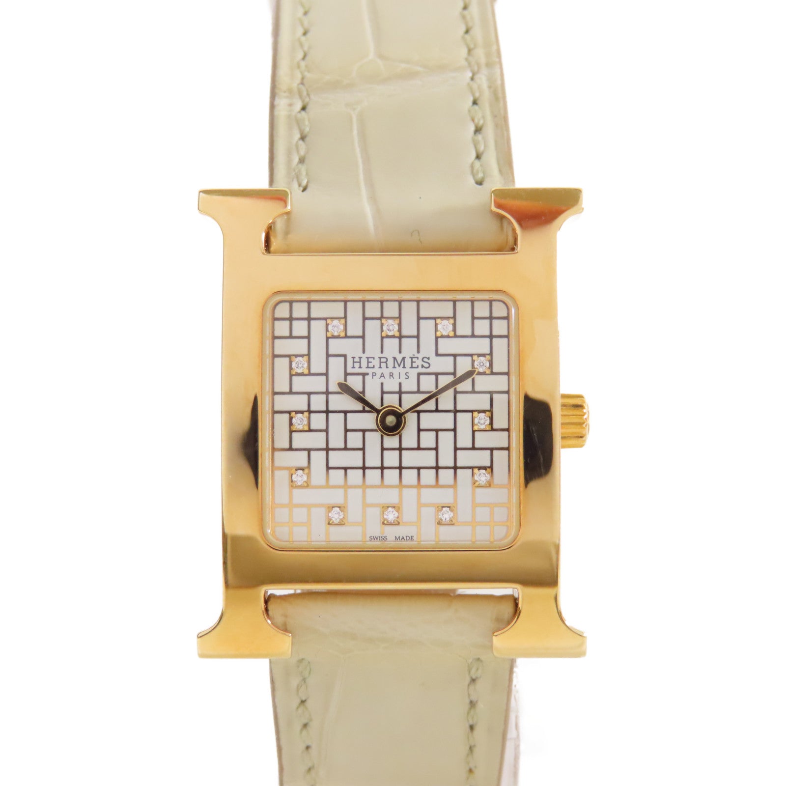 HERMES H Watch不鏽鋼/鱷魚皮革帶石英機芯手錶貝殼色/金色