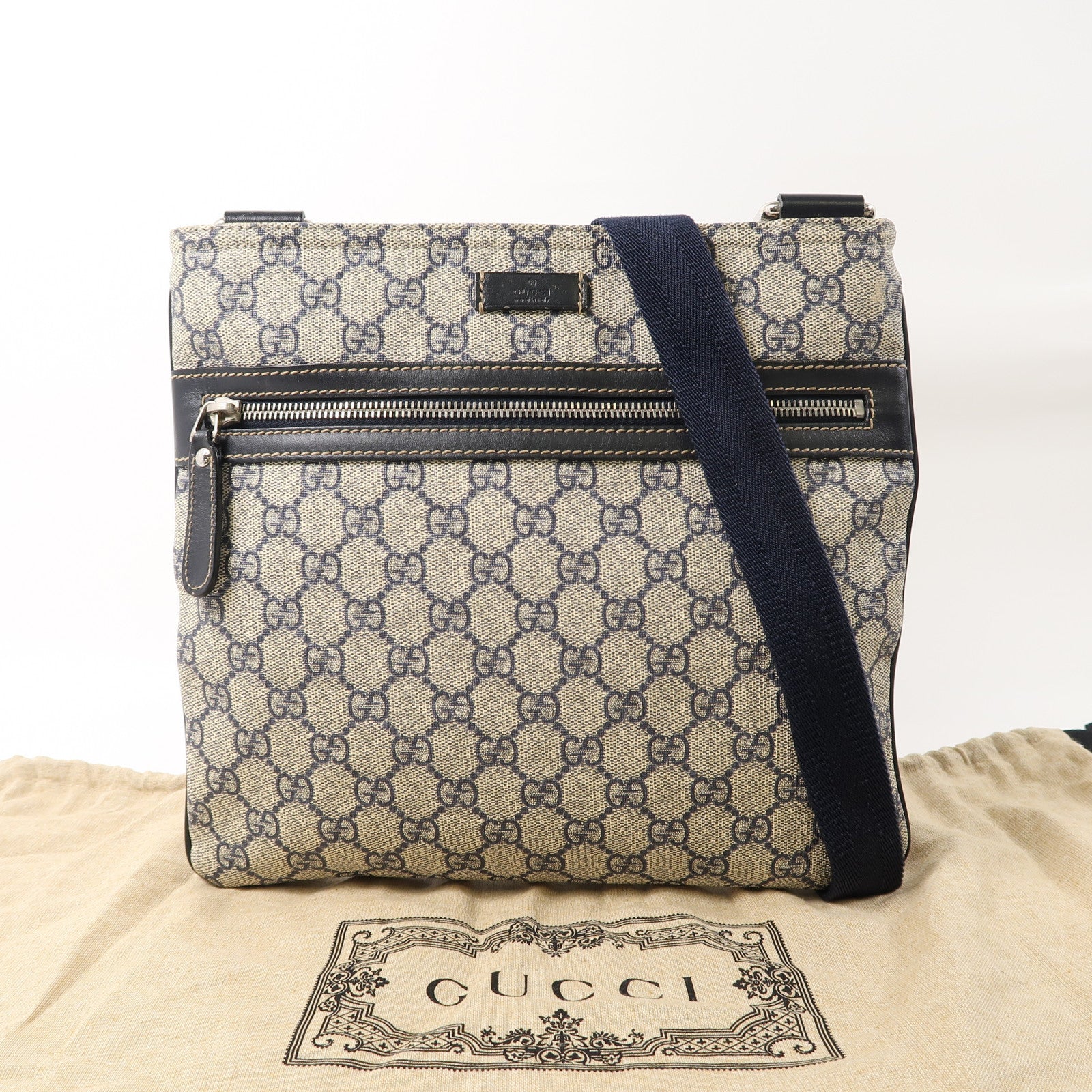 GUCCI 塗層帆布Shoulder Bag銀扣肩背袋米色/藍色