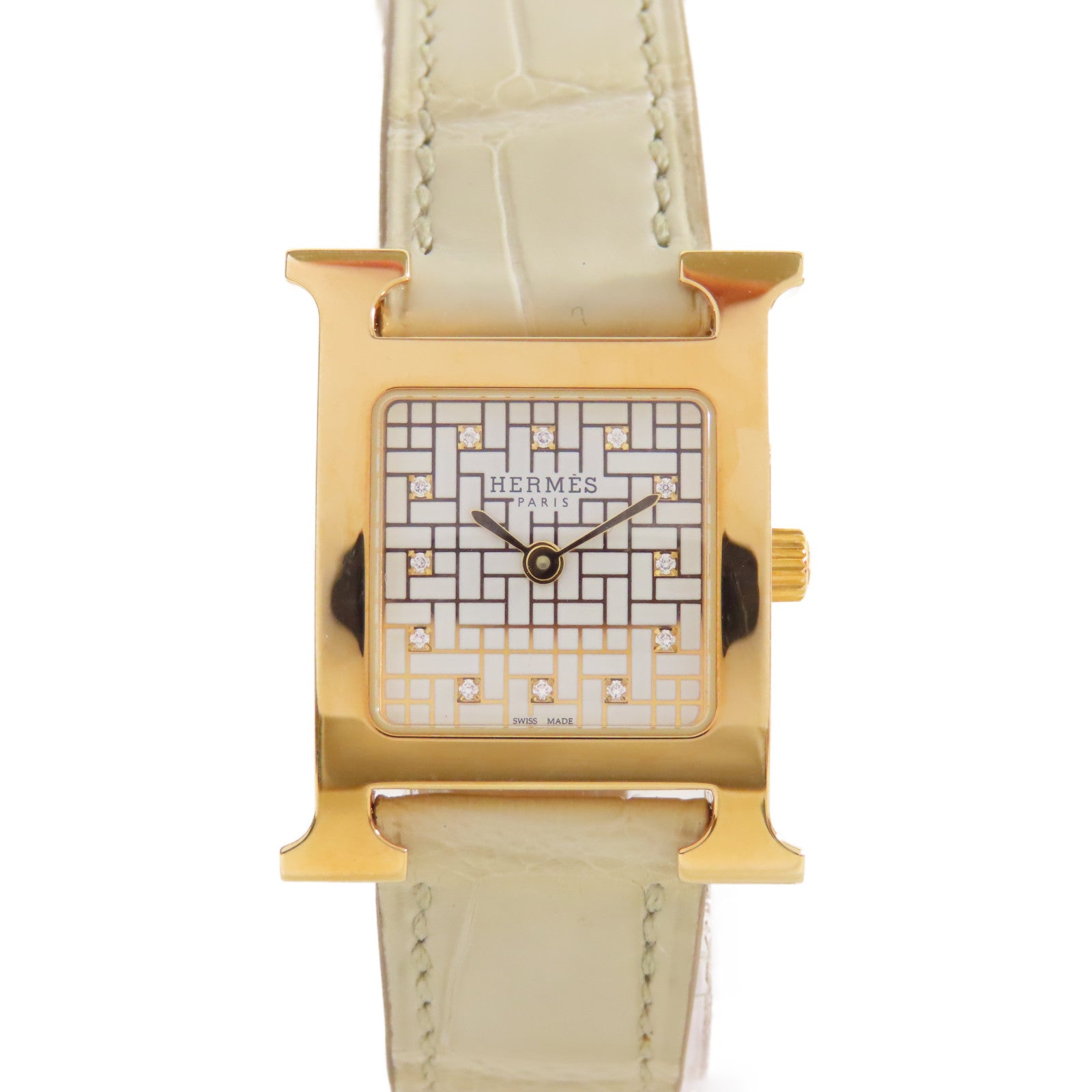 HERMES H Watch不鏽鋼/鱷魚皮革帶石英機芯手錶貝殼色/金色