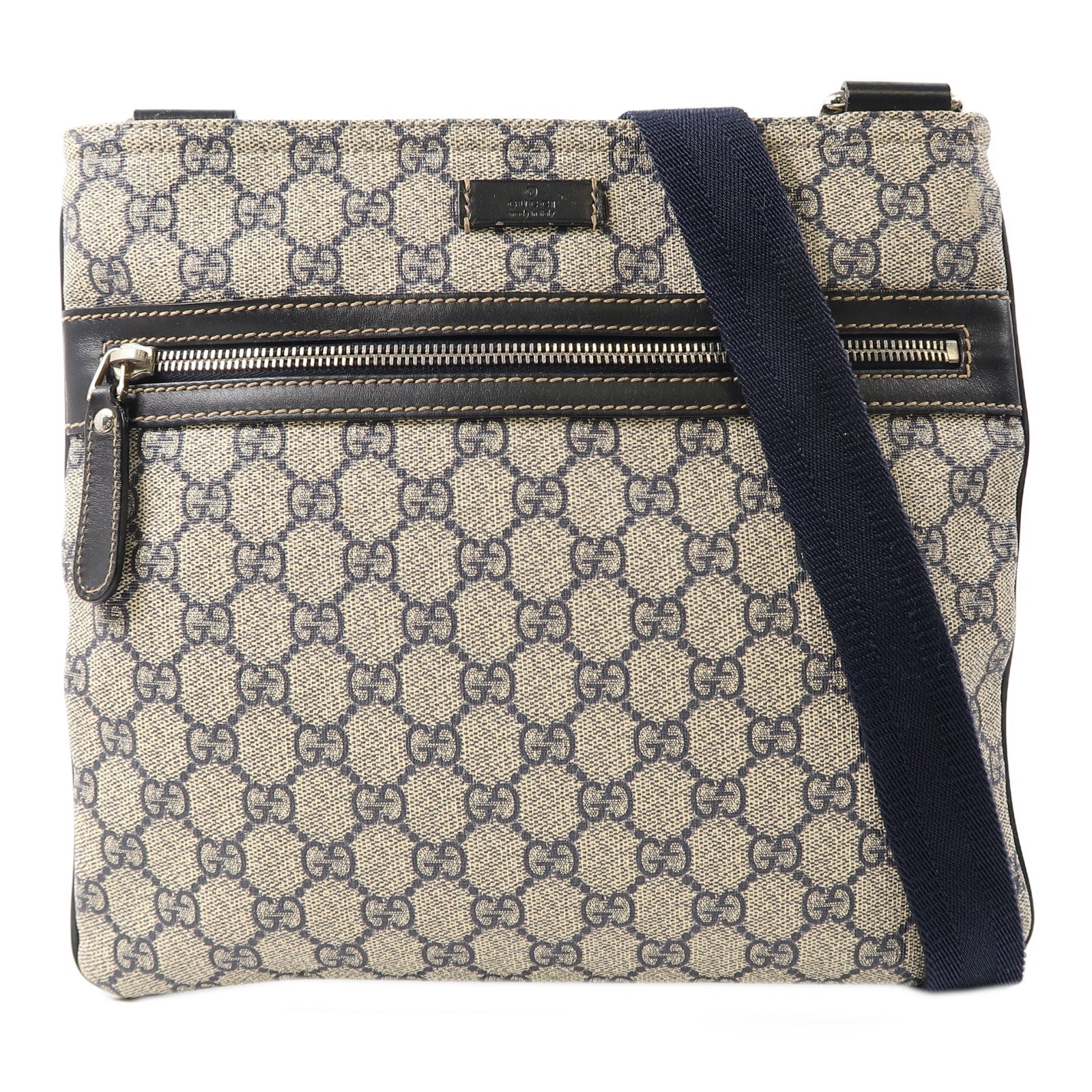GUCCI 塗層帆布Shoulder Bag銀扣肩背袋米色/藍色
