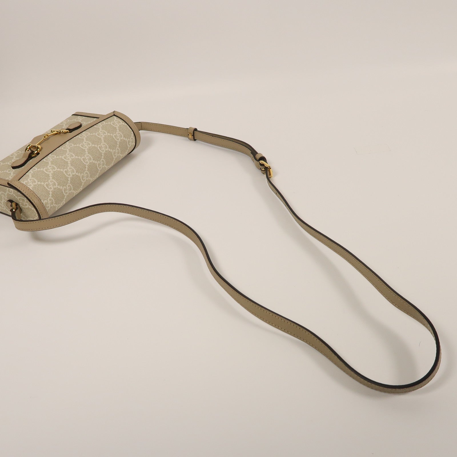 GUCCI 塗層帆布Horsebit 1955 Mini金扣肩背袋啡色/米色