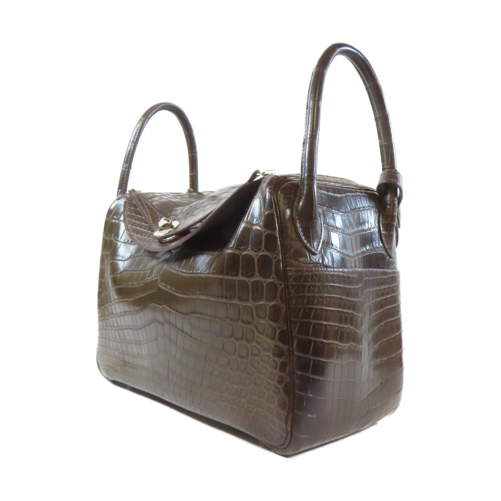 HERMES Croco Niloticus Mat Lindy 30 2 Way Shoulder Bag銀扣手挽肩背兩用袋Gris Elephant啡色