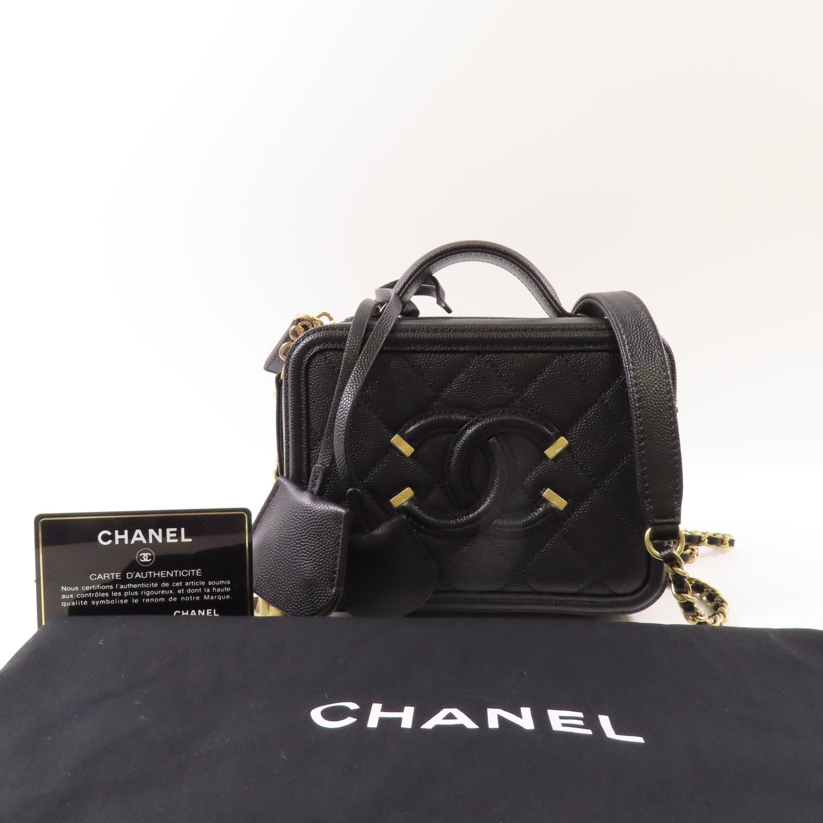 CHANEL 牛皮皮革Small Vanity Filigree金扣鏈帶手挽肩背兩用袋