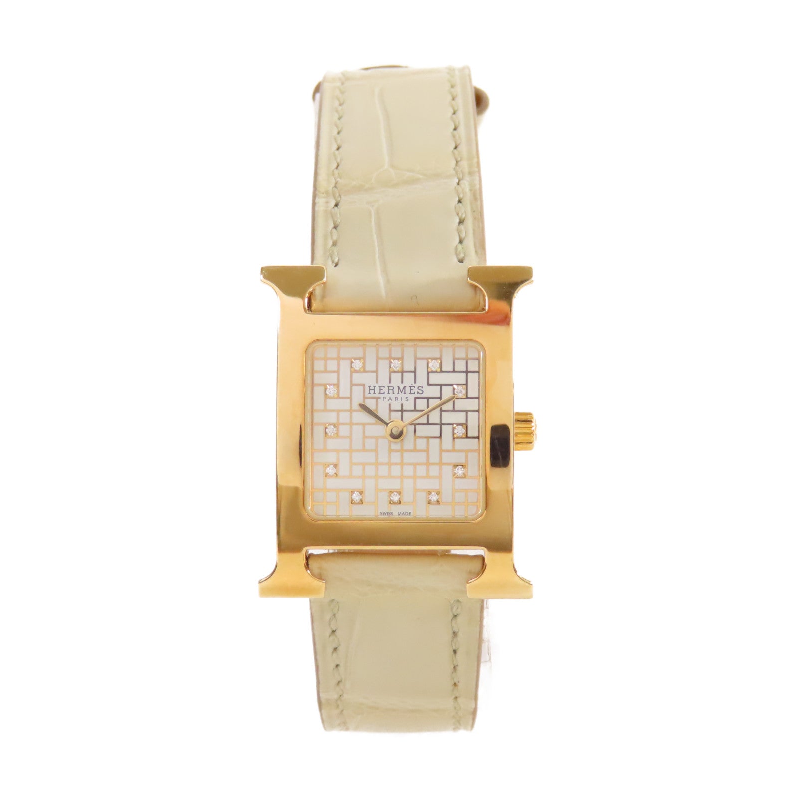 HERMES H Watch不鏽鋼/鱷魚皮革帶石英機芯手錶貝殼色/金色