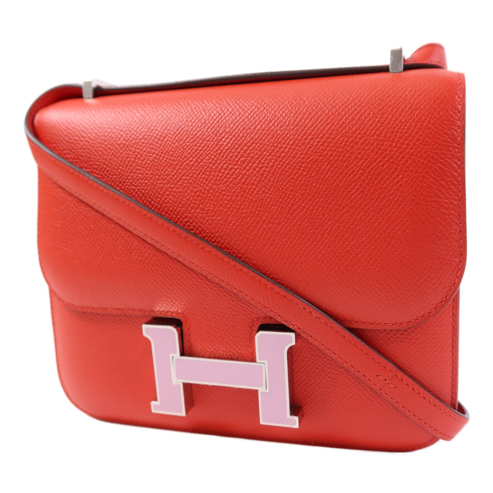 HERMES Epsom皮革Constance 24肩背袋銀扣Rouge De Coeur/Mauve