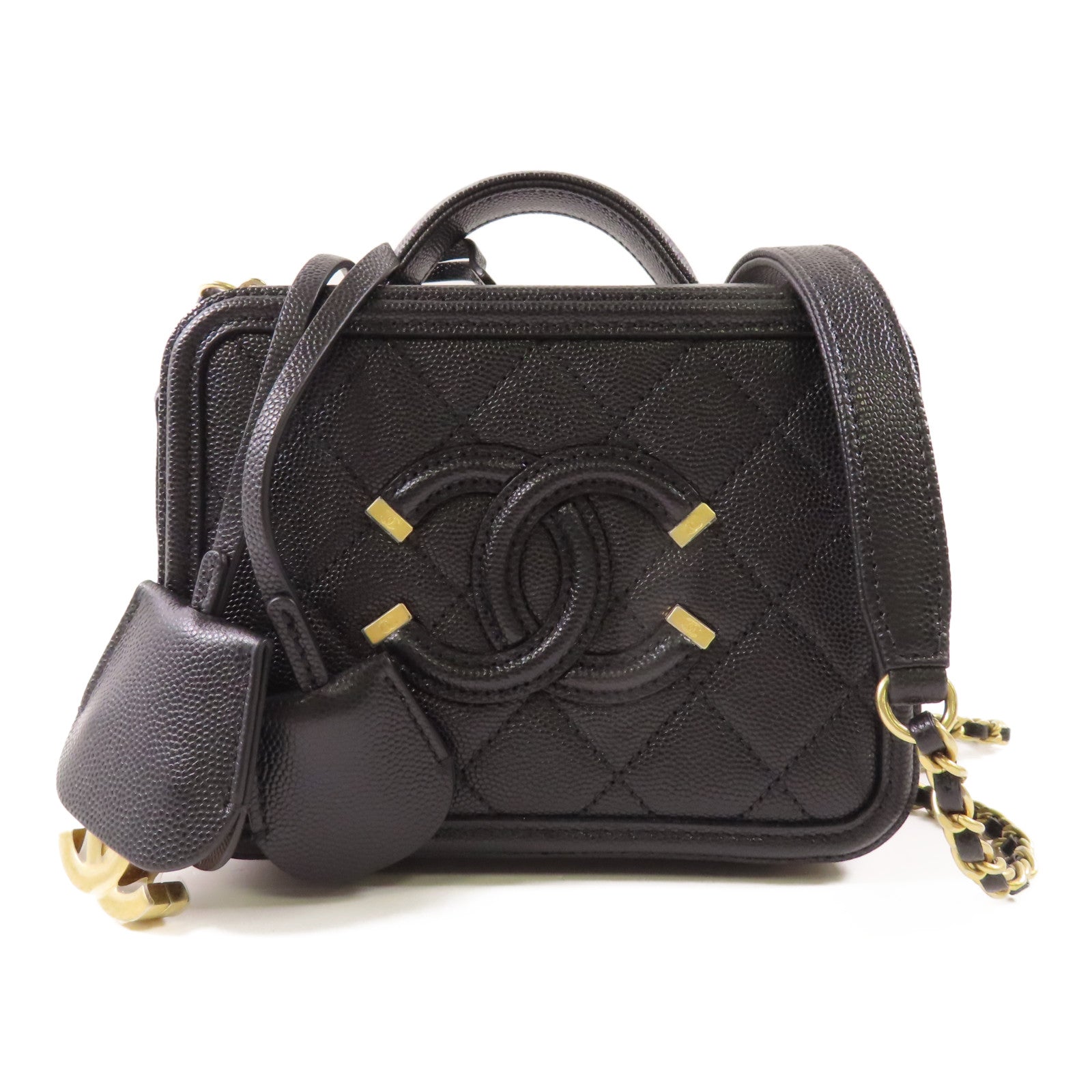 CHANEL 牛皮皮革Small Vanity Filigree金扣鏈帶手挽肩背兩用袋