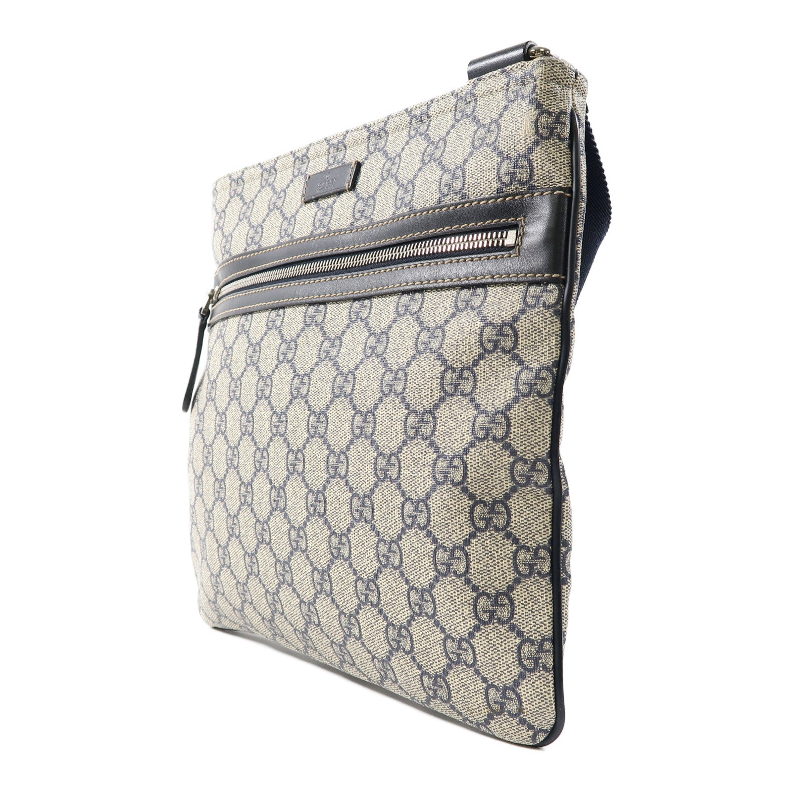 GUCCI 塗層帆布Shoulder Bag銀扣肩背袋米色/藍色