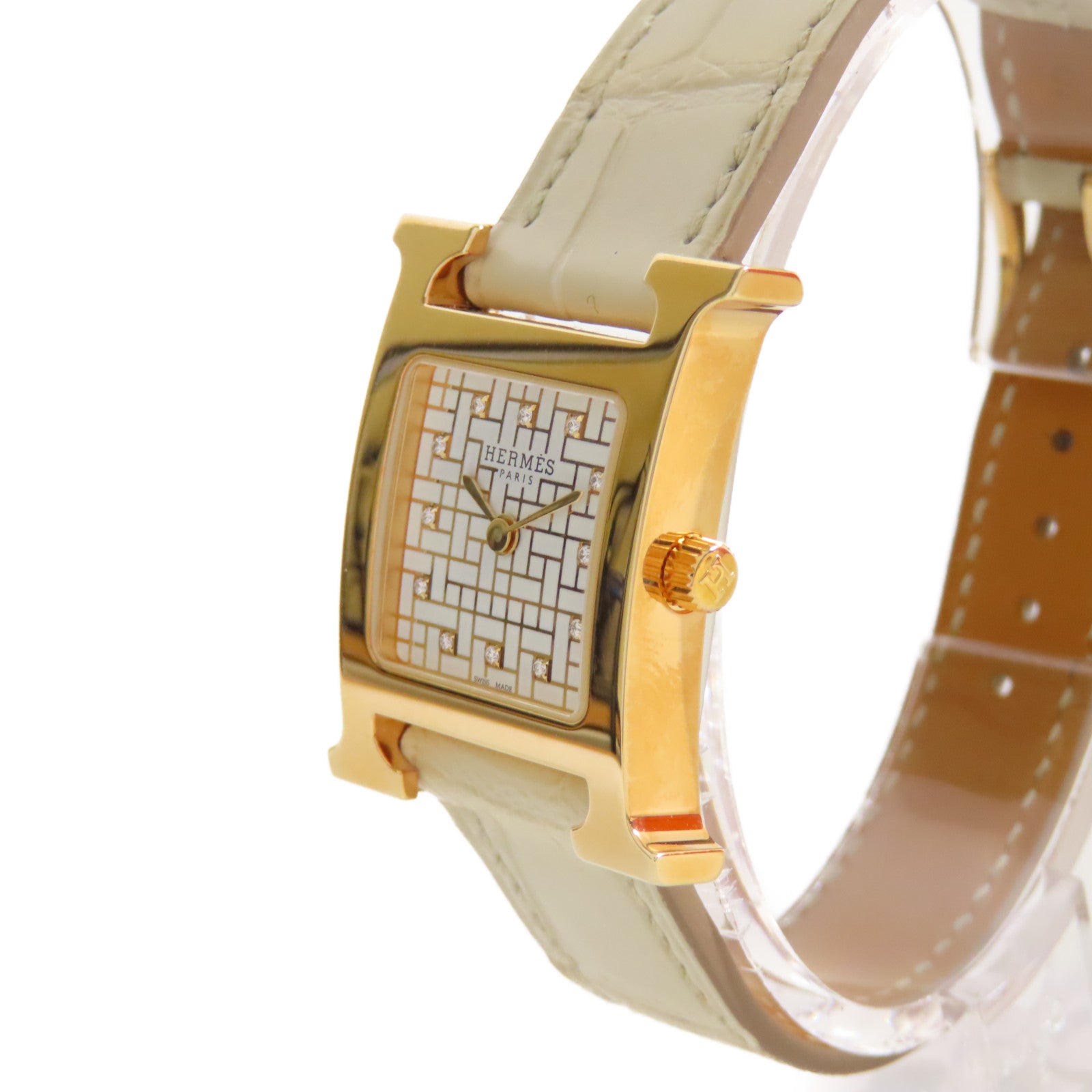 HERMES H Watch不鏽鋼/鱷魚皮革帶石英機芯手錶貝殼色/金色