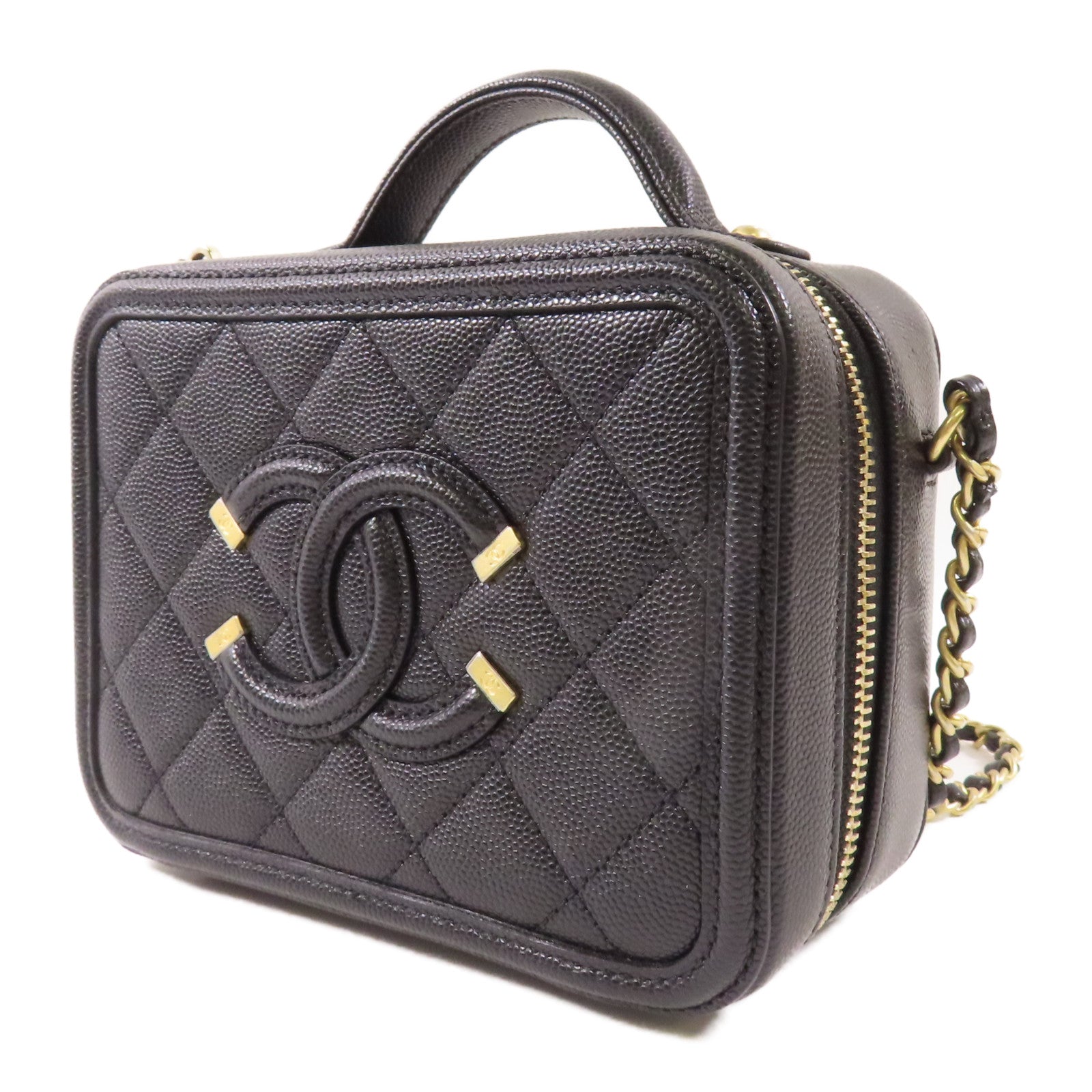 CHANEL 牛皮皮革Small Vanity Filigree金扣鏈帶手挽肩背兩用袋