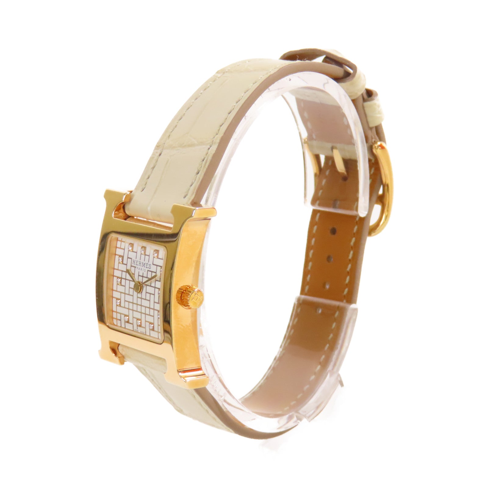 HERMES H Watch不鏽鋼/鱷魚皮革帶石英機芯手錶貝殼色/金色