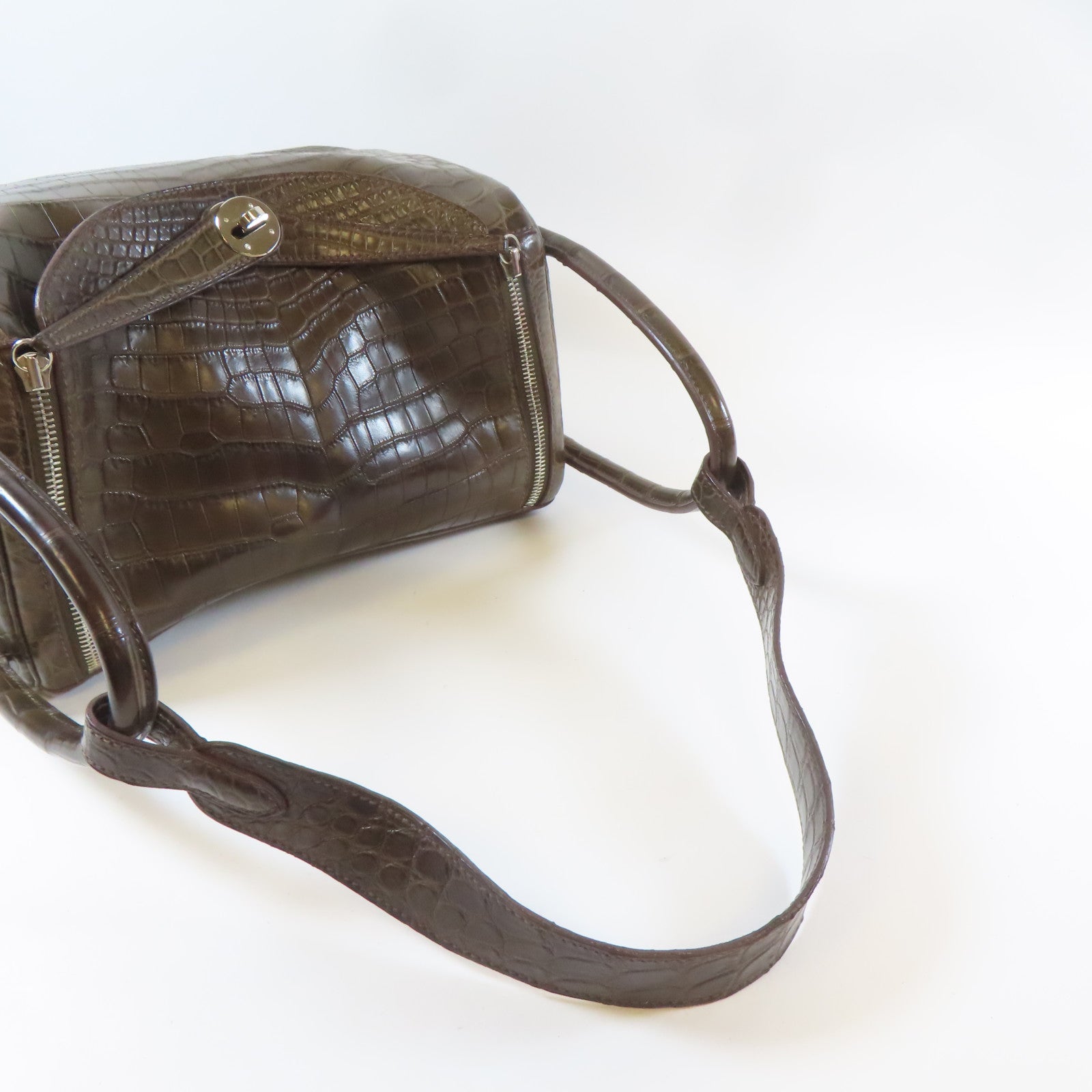HERMES Croco Niloticus Mat Lindy 30 2 Way Shoulder Bag銀扣手挽肩背兩用袋Gris Elephant啡色