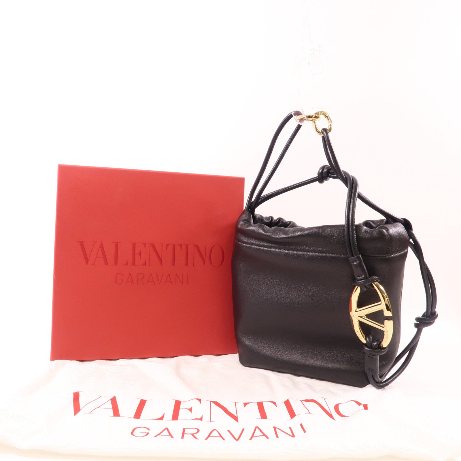 Valentino GHW V Logo Pouf Mini Bucket Shoulder Bag Lambskin Leather Black