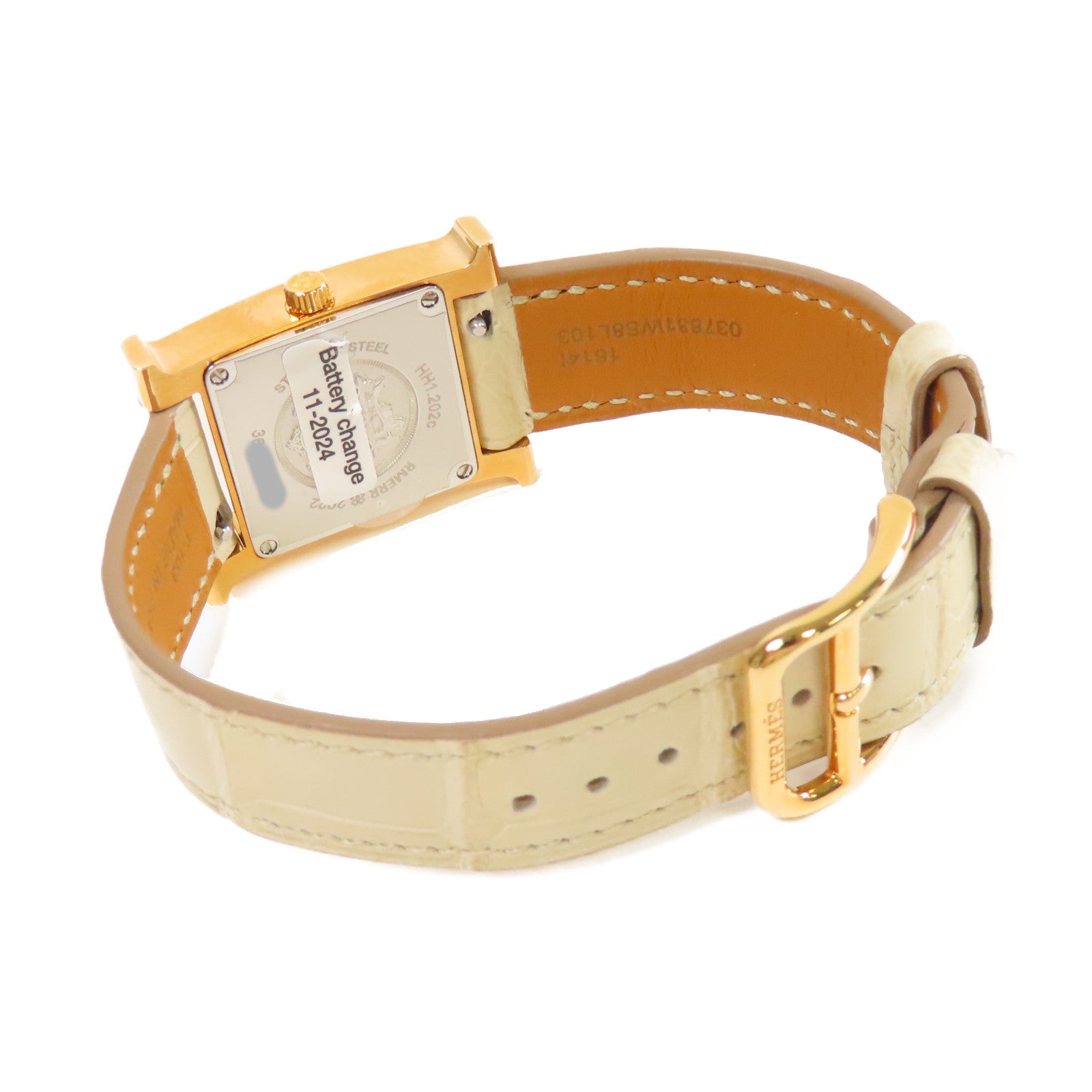 HERMES H Watch不鏽鋼/鱷魚皮革帶石英機芯手錶貝殼色/金色