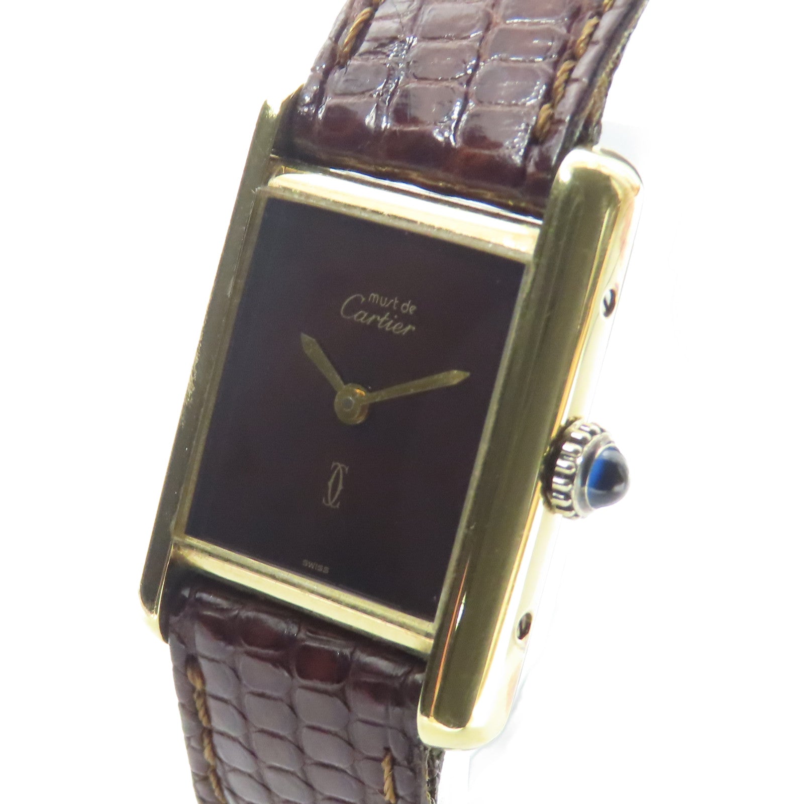CARTIER Must De Cartier Tank Ladies 18K黃金/蜥蝪皮革帶手錶自動機芯棕色