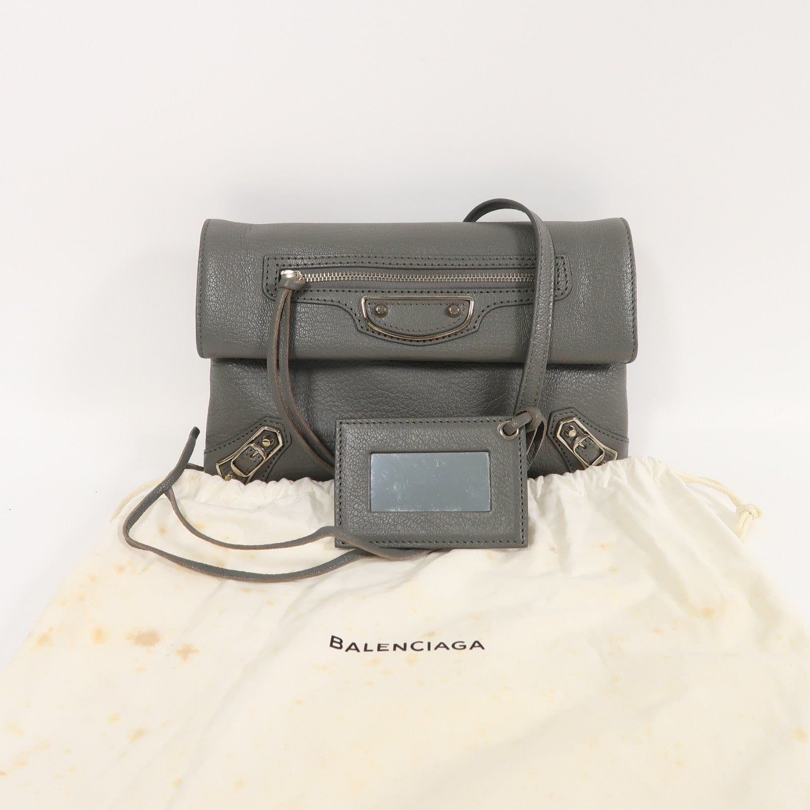 BALENCIAGA 牛皮皮革Shoulder Bag銀扣肩背袋灰色