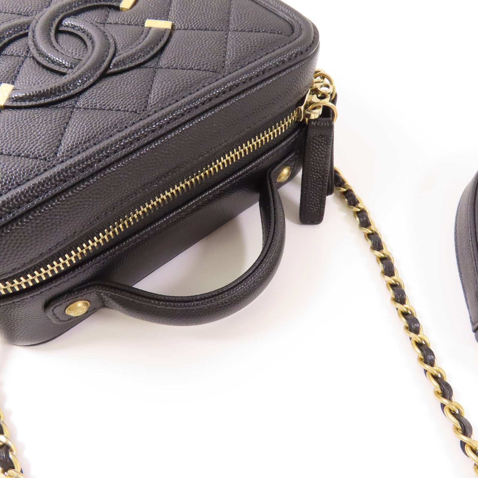CHANEL 牛皮皮革Small Vanity Filigree金扣鏈帶手挽肩背兩用袋