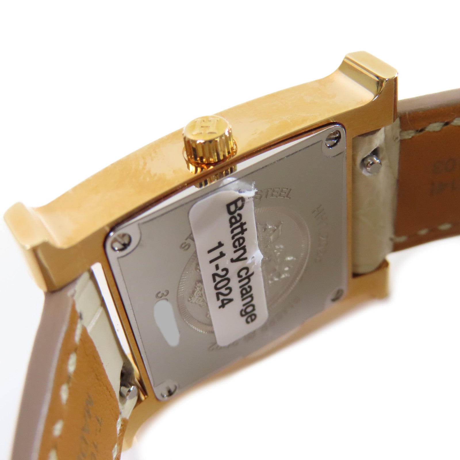 HERMES H Watch不鏽鋼/鱷魚皮革帶石英機芯手錶貝殼色/金色
