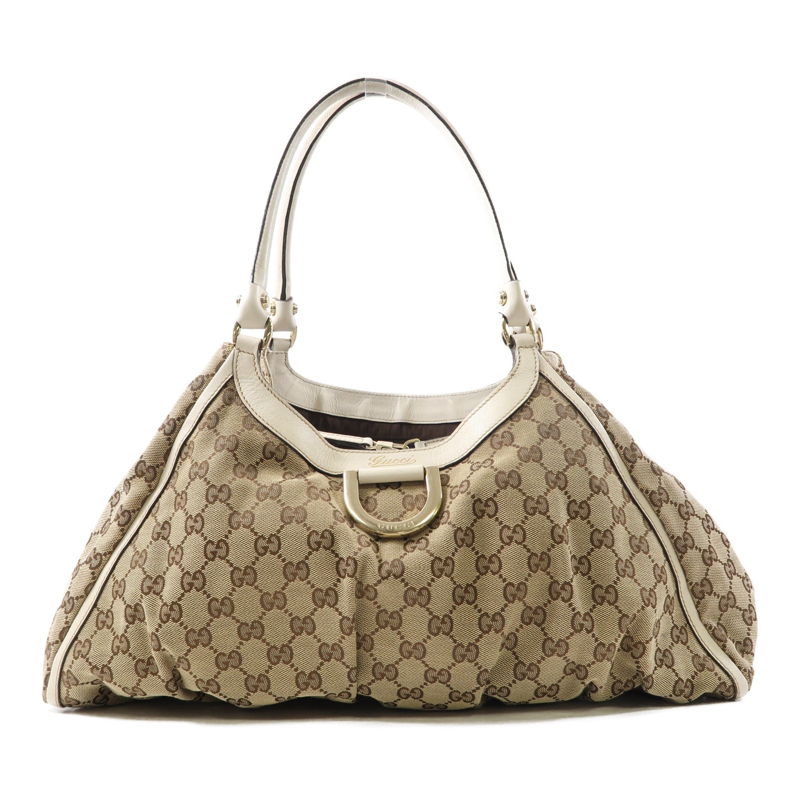 GUCCI 帆布Abbey金扣肩背袋棕色/白色