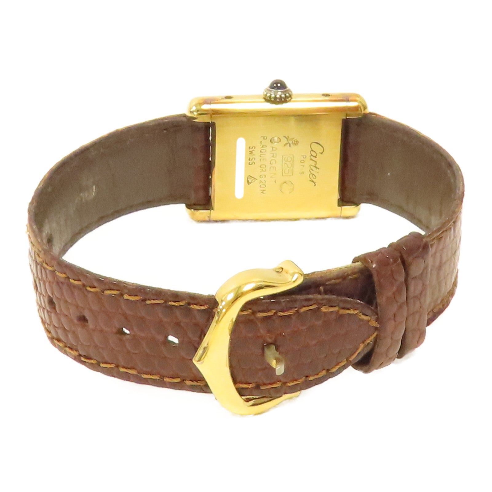 CARTIER Must De Cartier Tank Ladies 18K黃金/蜥蝪皮革帶手錶自動機芯棕色