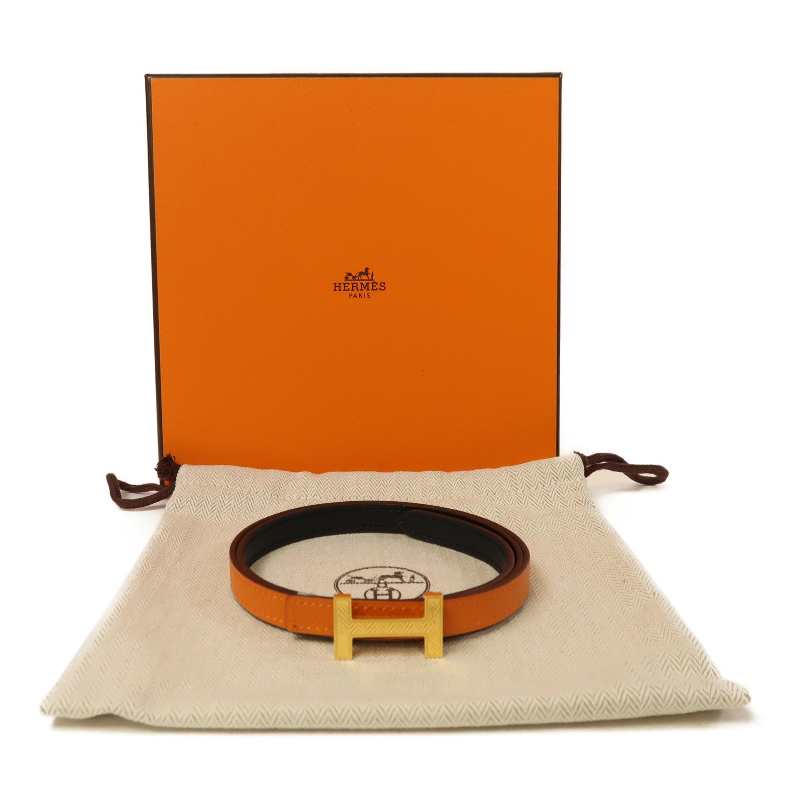 HERMES Epsom皮革/Swift皮革Mini Constance Belt金扣皮帶黑色/橙色