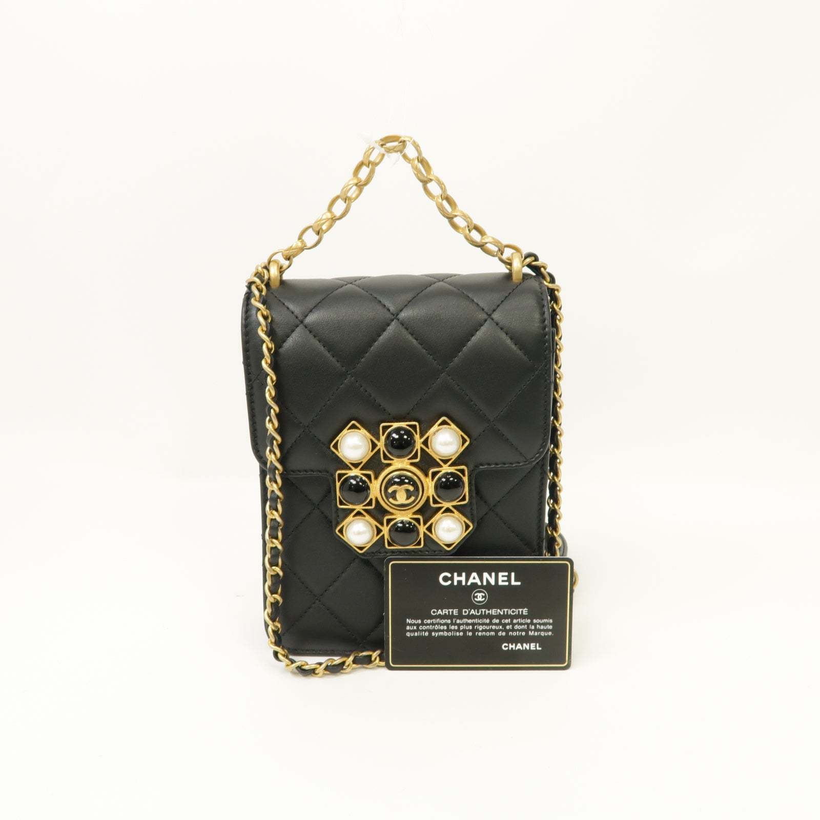 CHANEL 菱格Caviar皮革2 Way Chain Shoulder金扣鏈帶手挽肩背兩用袋黑色