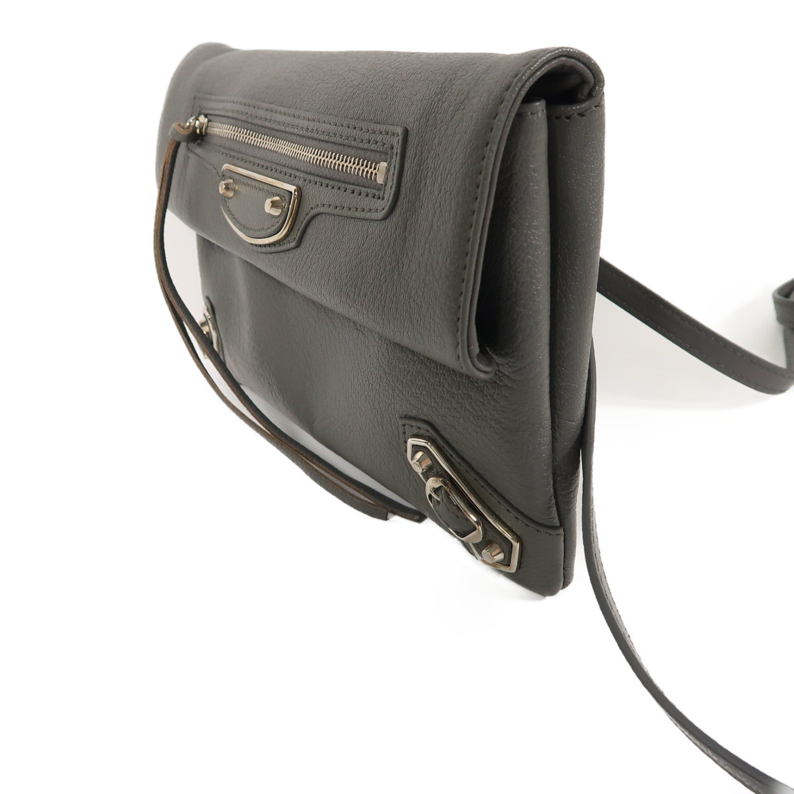BALENCIAGA 牛皮皮革Shoulder Bag銀扣肩背袋灰色