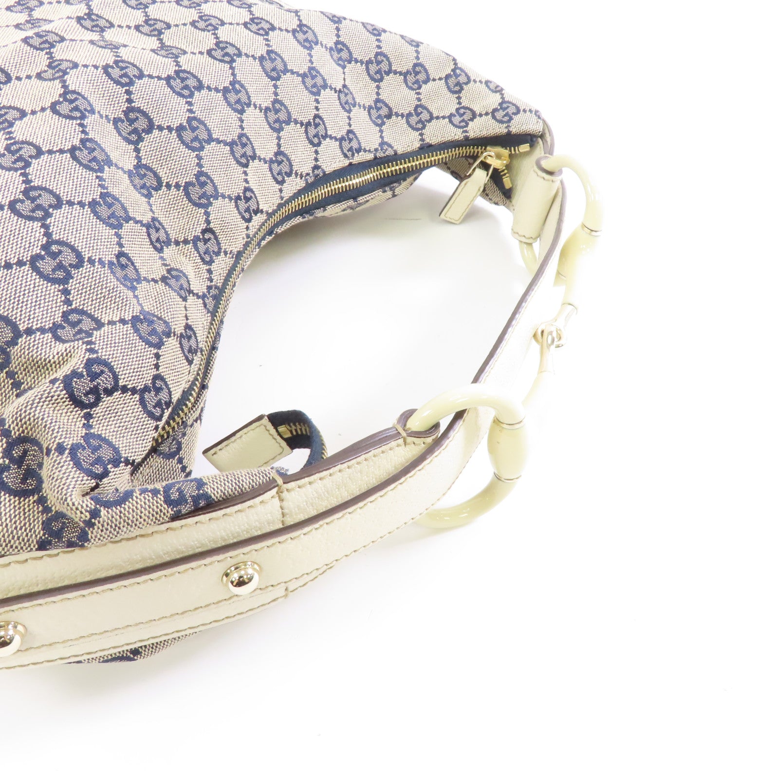GUCCI 帆布/皮革Shoulder Bag銀扣肩背袋藍色/白色