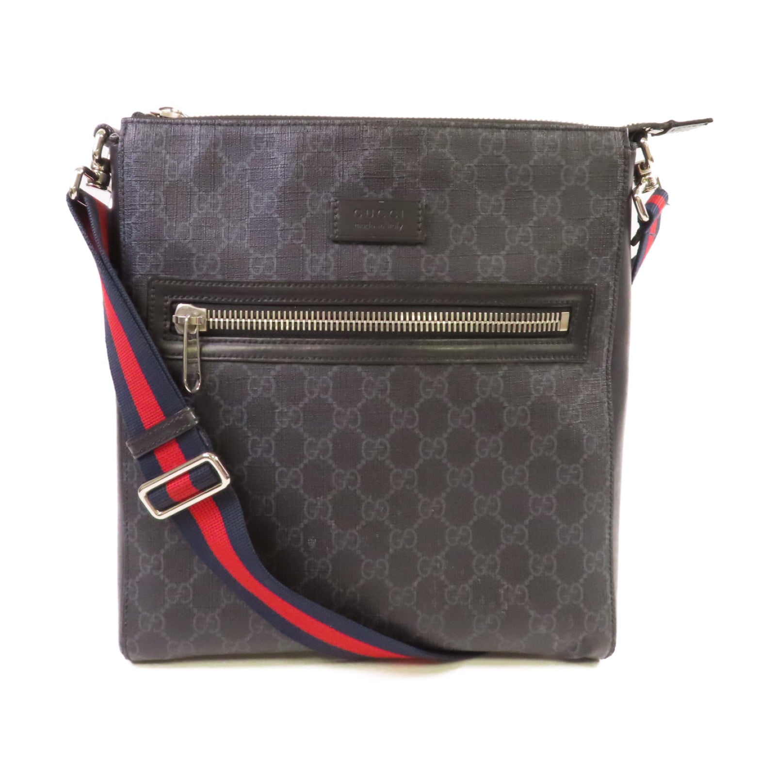 GUCCI 塗層帆布GG Messenger Bag銀扣肩背袋黑色/碳灰色