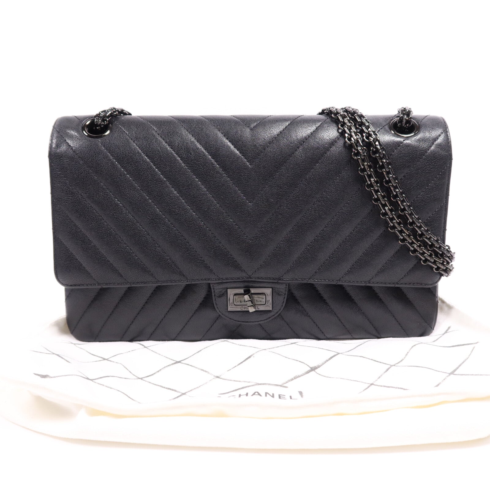 CHANEL 牛皮皮革2.55 (28cm)鏈帶肩背袋