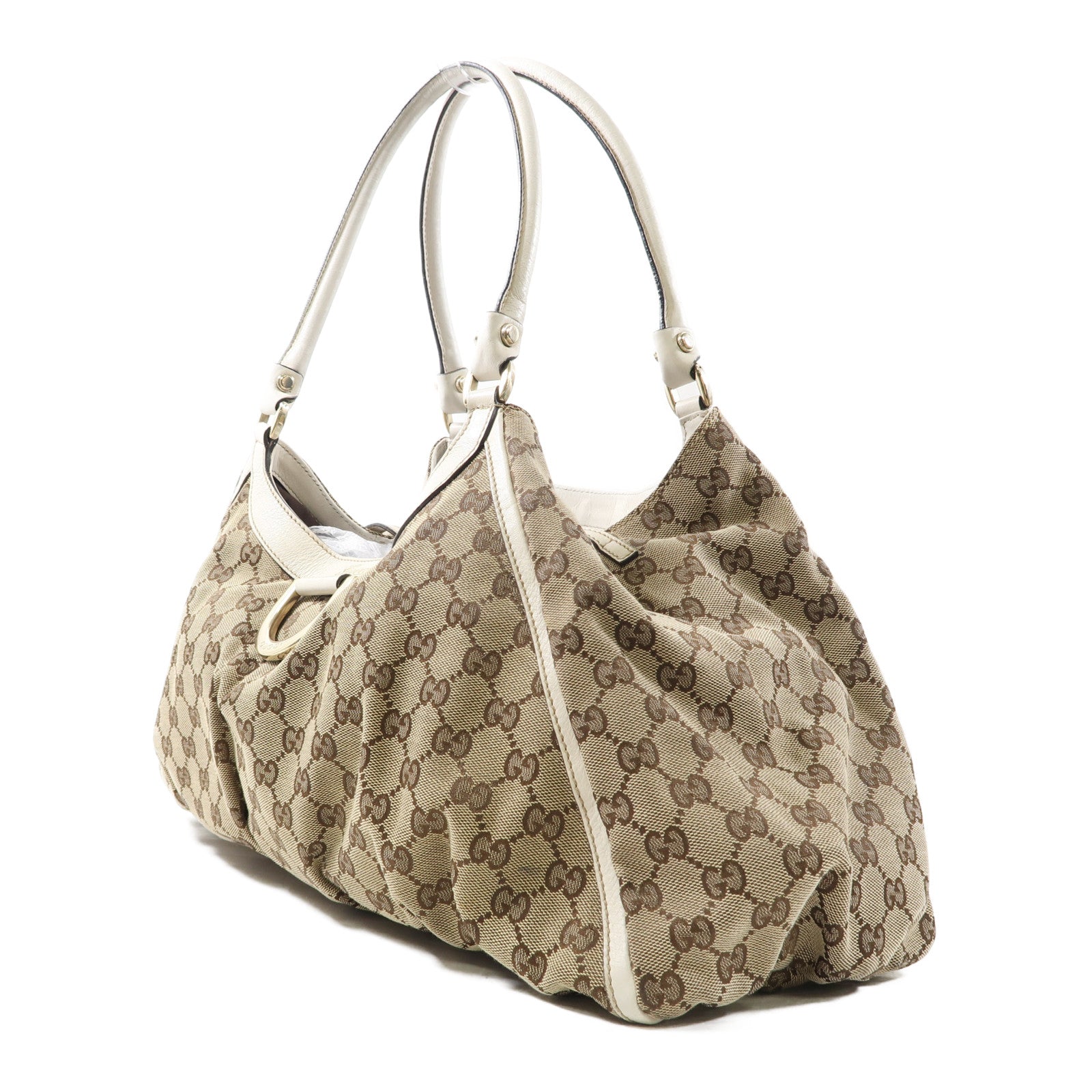 GUCCI 帆布Abbey金扣肩背袋棕色/白色