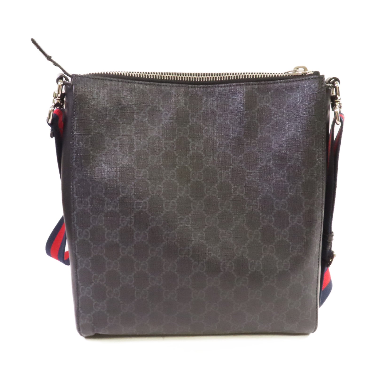 GUCCI 塗層帆布GG Messenger Bag銀扣肩背袋黑色/碳灰色