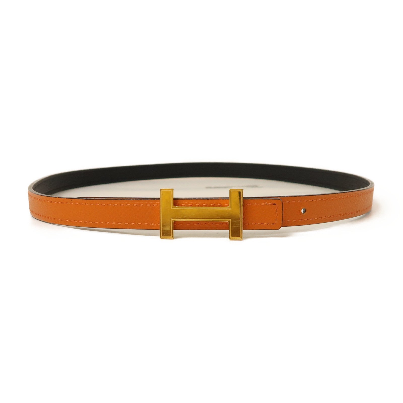 HERMES Epsom皮革/Swift皮革Mini Constance Belt金扣皮帶黑色/橙色