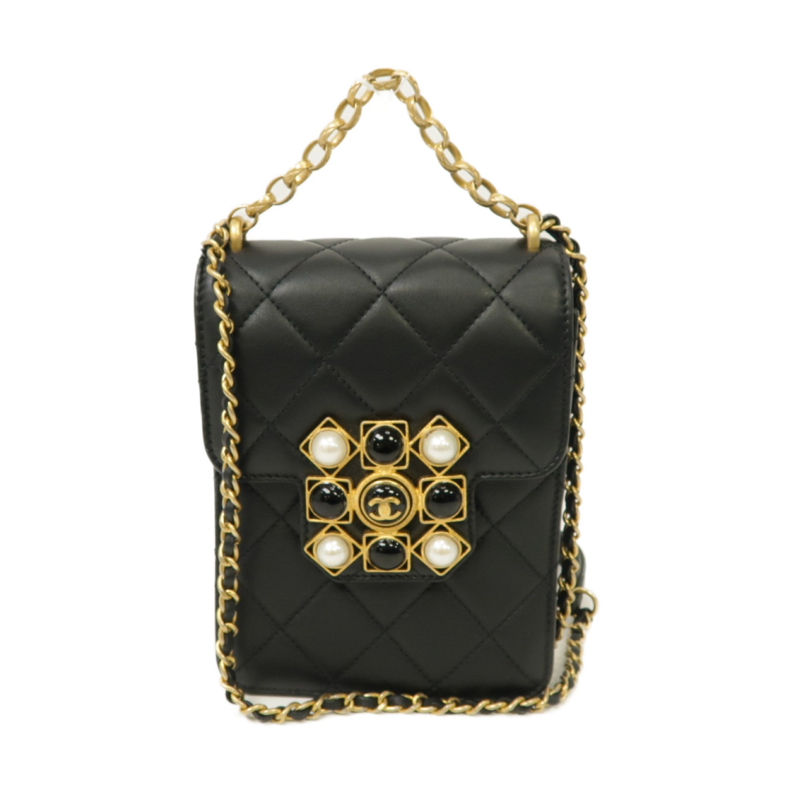 CHANEL 菱格Caviar皮革2 Way Chain Shoulder金扣鏈帶手挽肩背兩用袋黑色