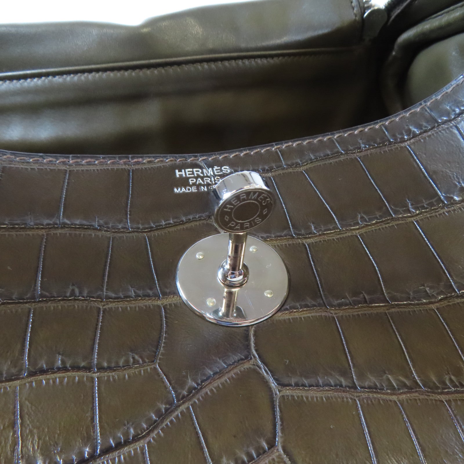 HERMES Croco Niloticus Mat Lindy 30 2 Way Shoulder Bag銀扣手挽肩背兩用袋Gris Elephant啡色