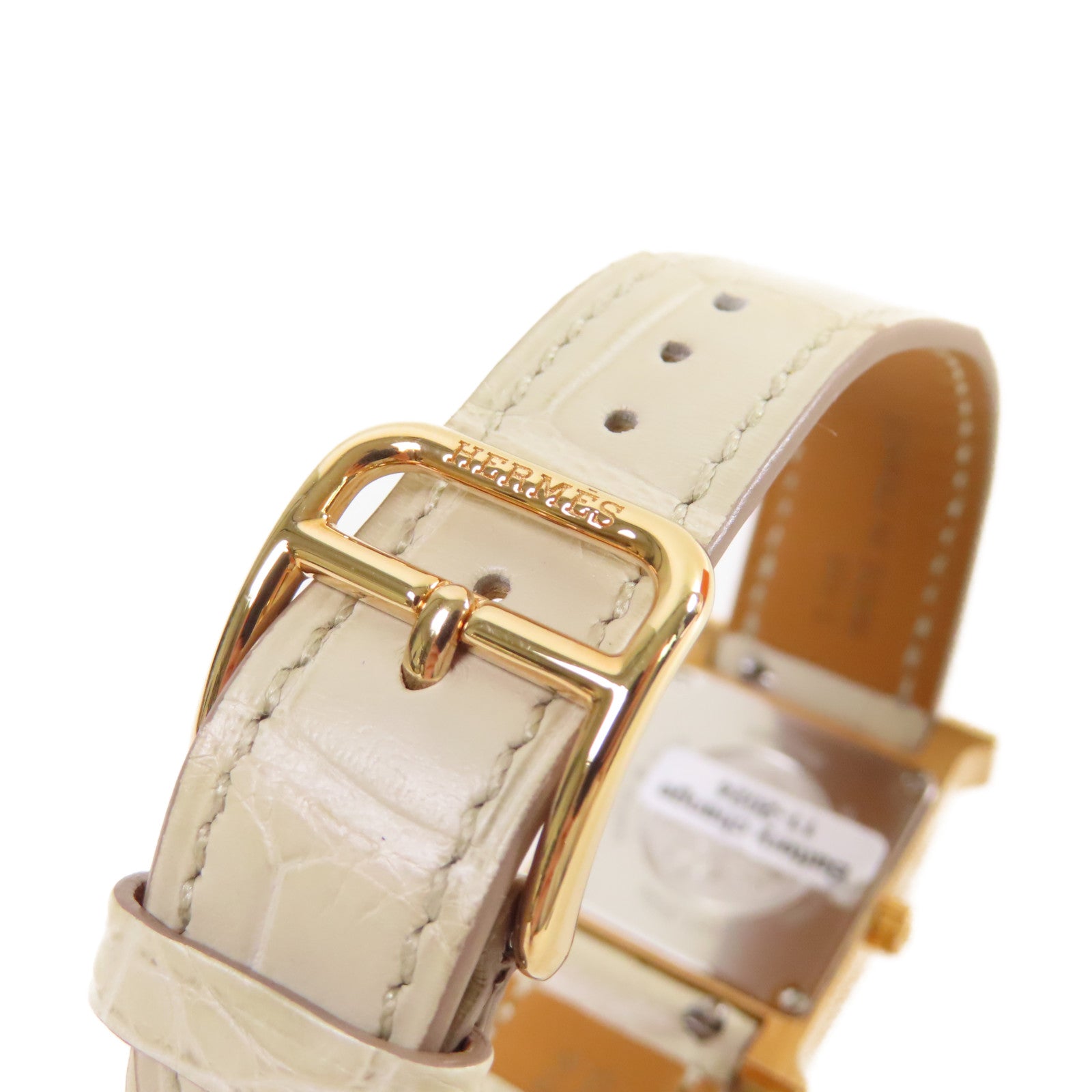 HERMES H Watch不鏽鋼/鱷魚皮革帶石英機芯手錶貝殼色/金色