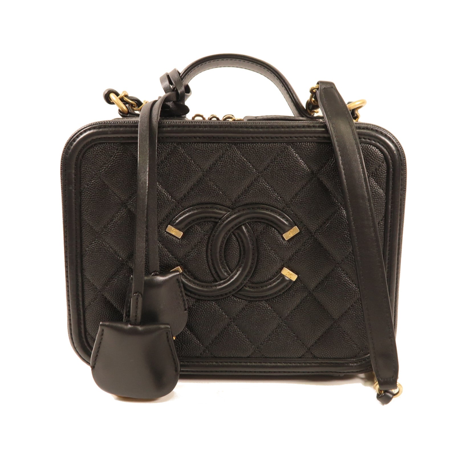 CHANEL 牛皮皮革Vanity Case金扣鏈帶手挽肩背兩用袋