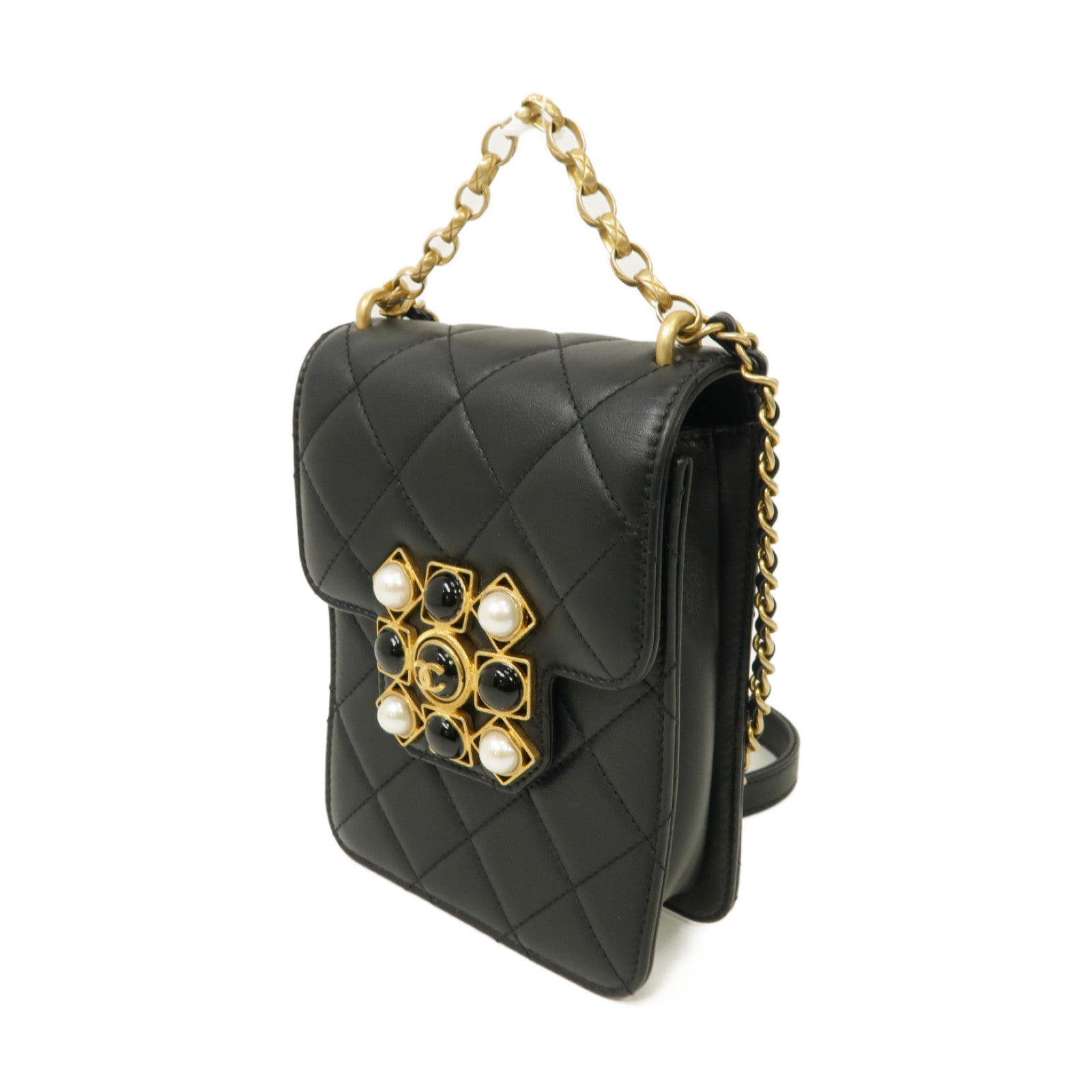 CHANEL 菱格Caviar皮革2 Way Chain Shoulder金扣鏈帶手挽肩背兩用袋黑色