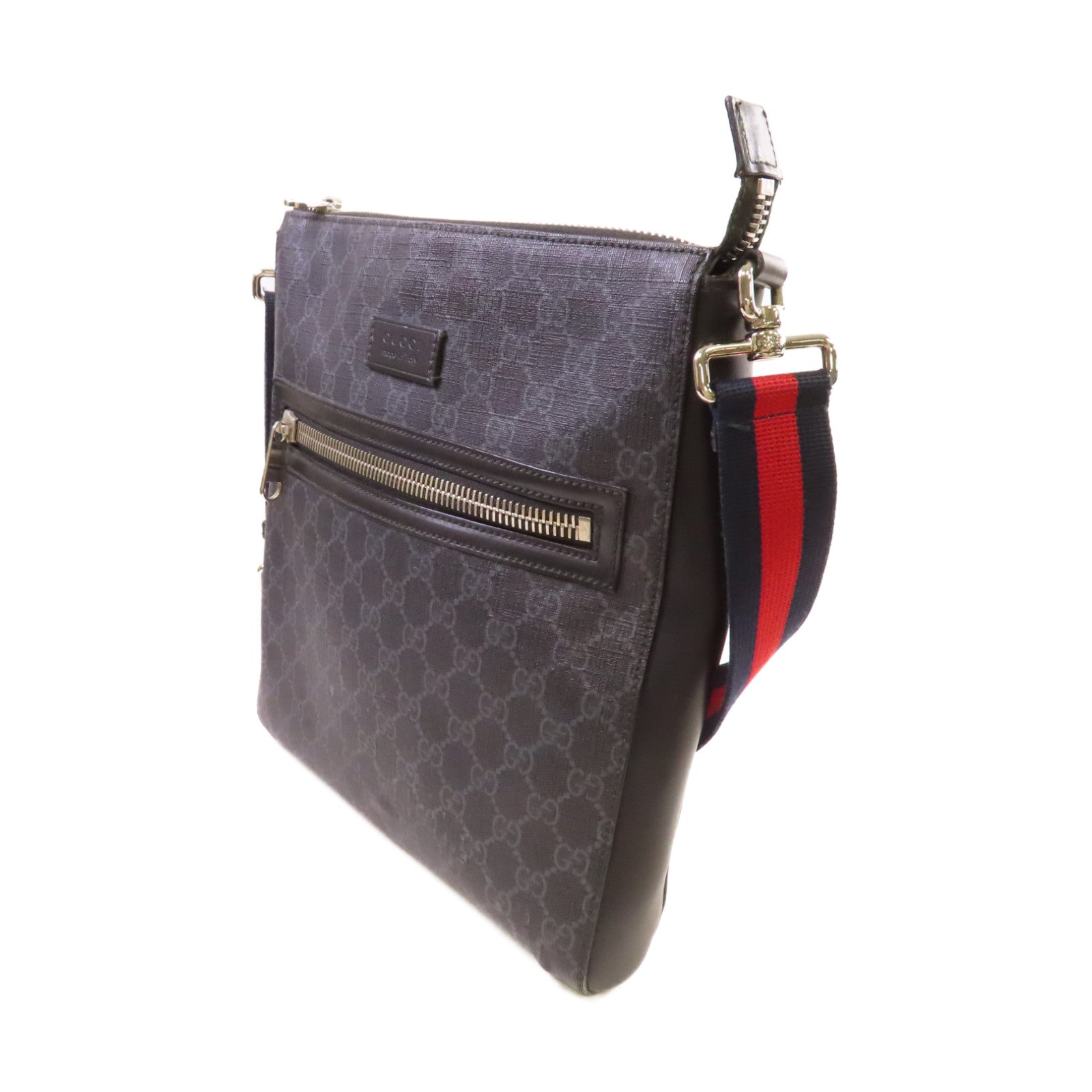 GUCCI 塗層帆布GG Messenger Bag銀扣肩背袋黑色/碳灰色