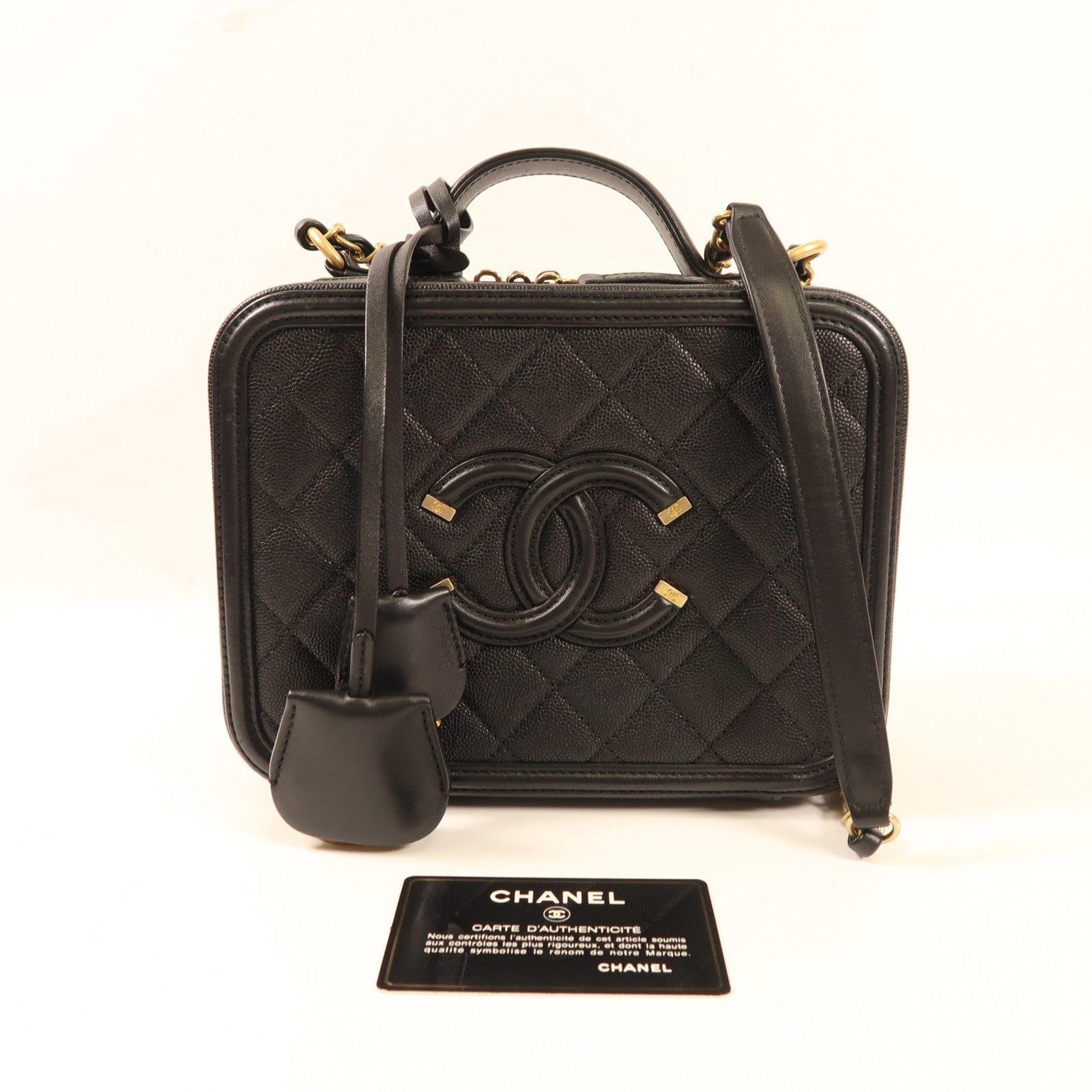 CHANEL 牛皮皮革Vanity Case金扣鏈帶手挽肩背兩用袋