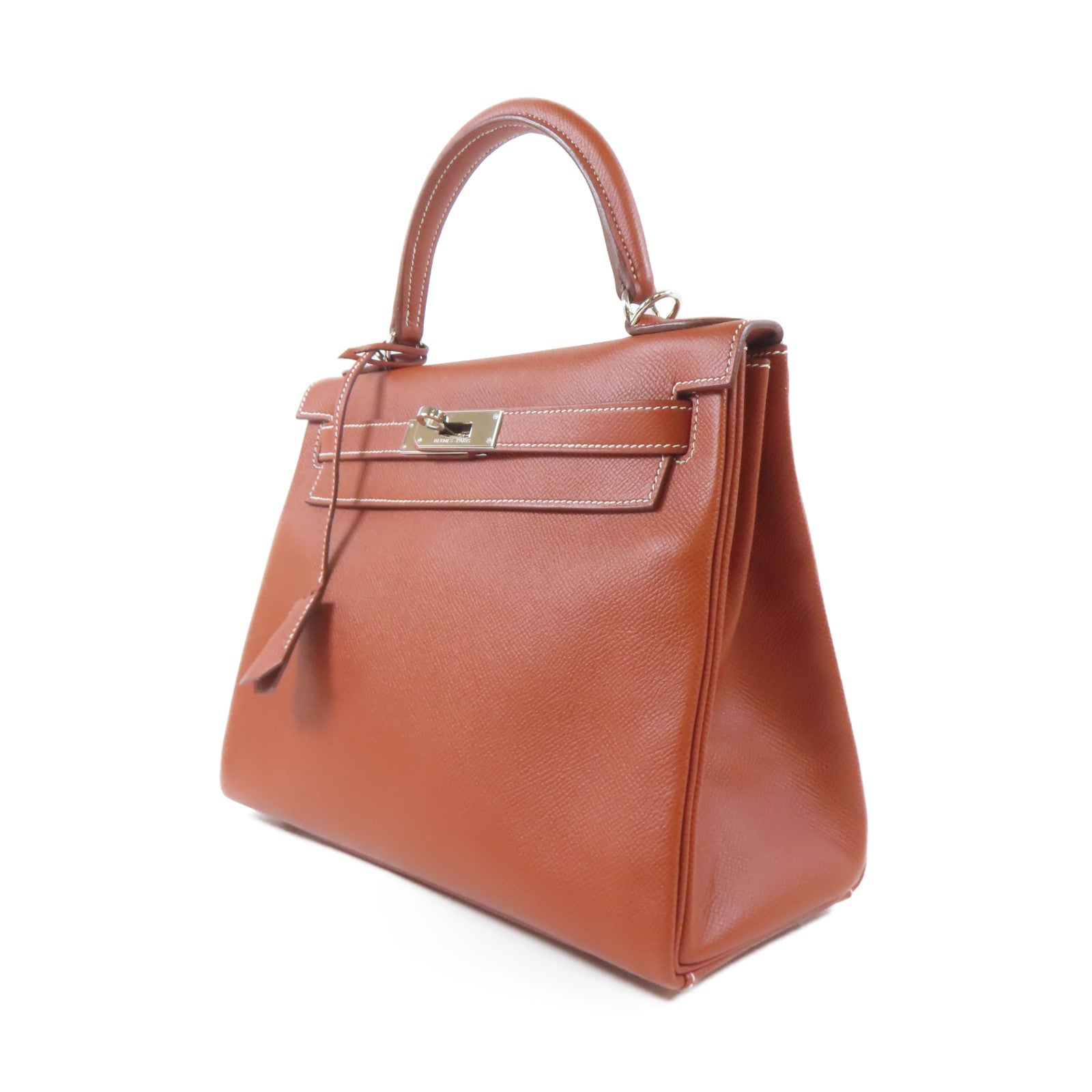 HERMES Veau Epsom皮革Kelly 28銀扣手挽肩背兩用袋Brique/磚塊紅色