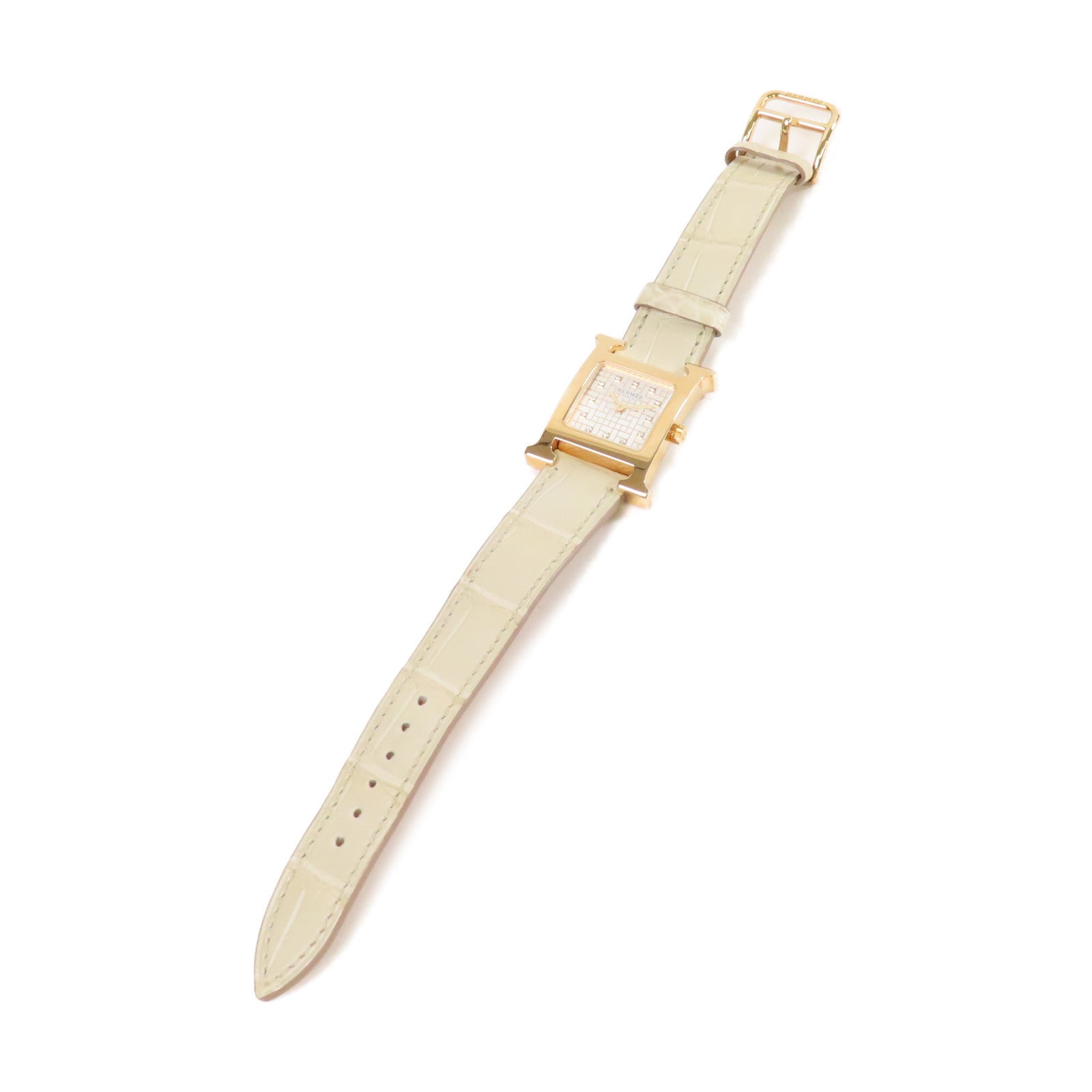 HERMES H Watch不鏽鋼/鱷魚皮革帶石英機芯手錶貝殼色/金色