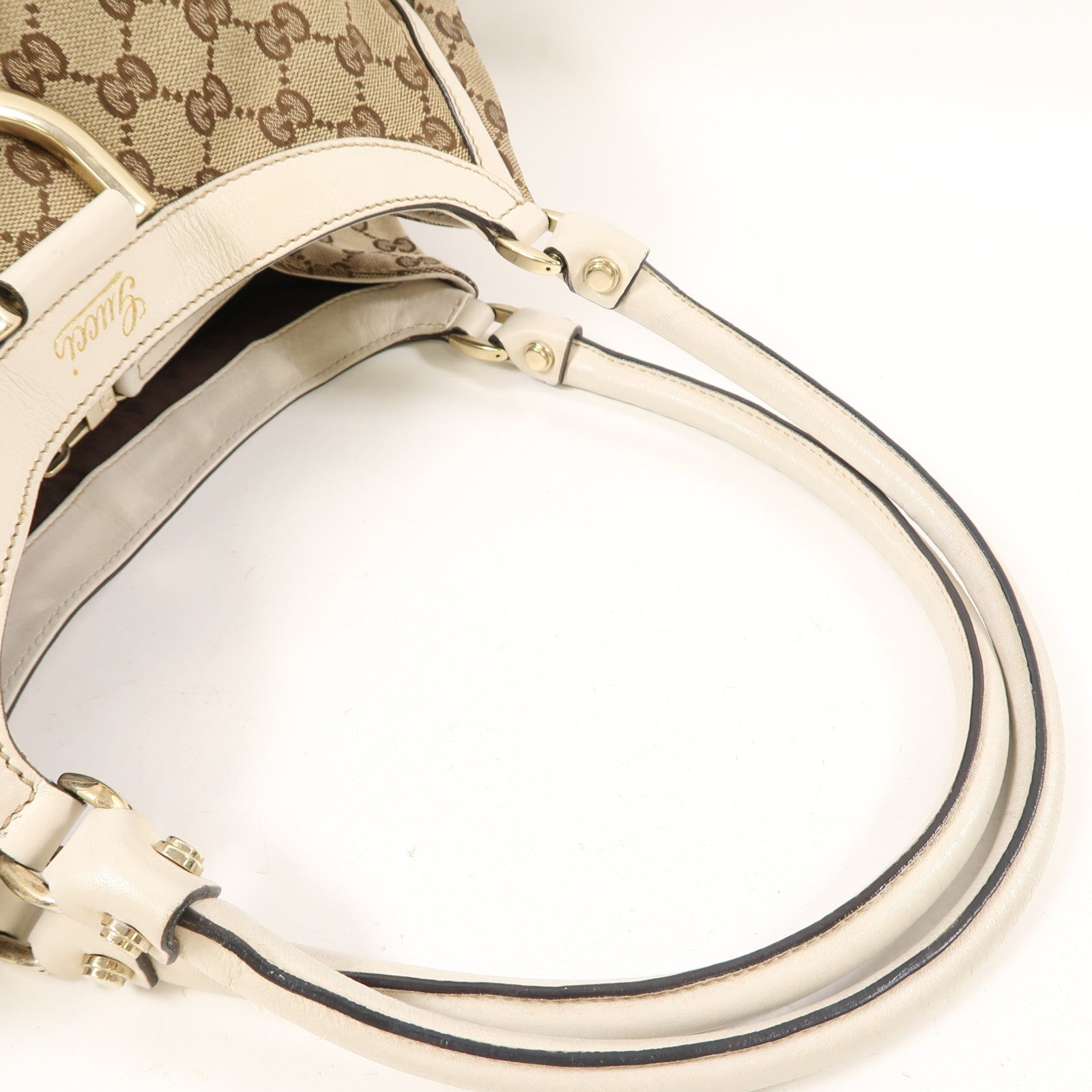 GUCCI 帆布Abbey金扣肩背袋棕色/白色