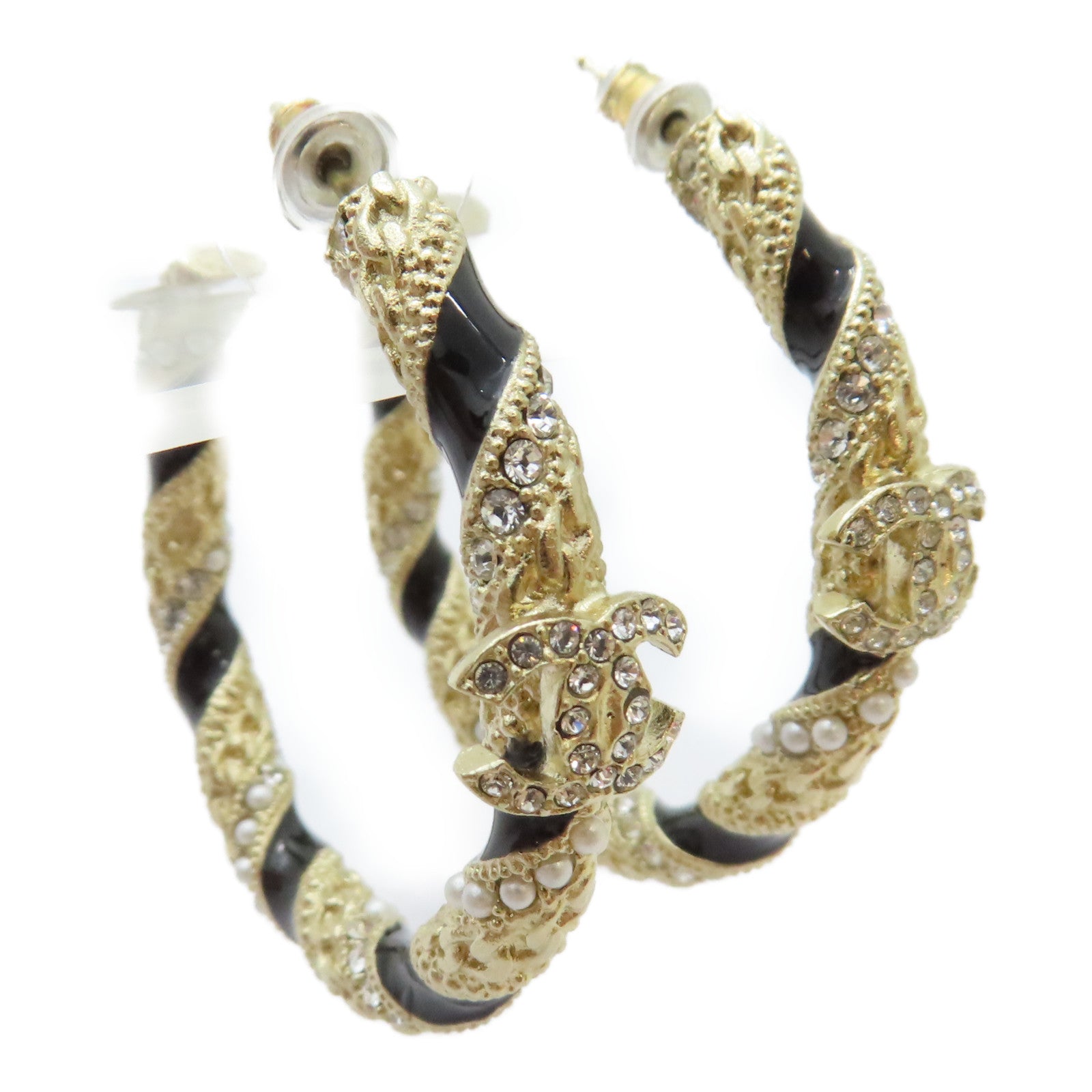 CHANEL 金屬/水鑽/PVC Earrings耳環金色/黑色