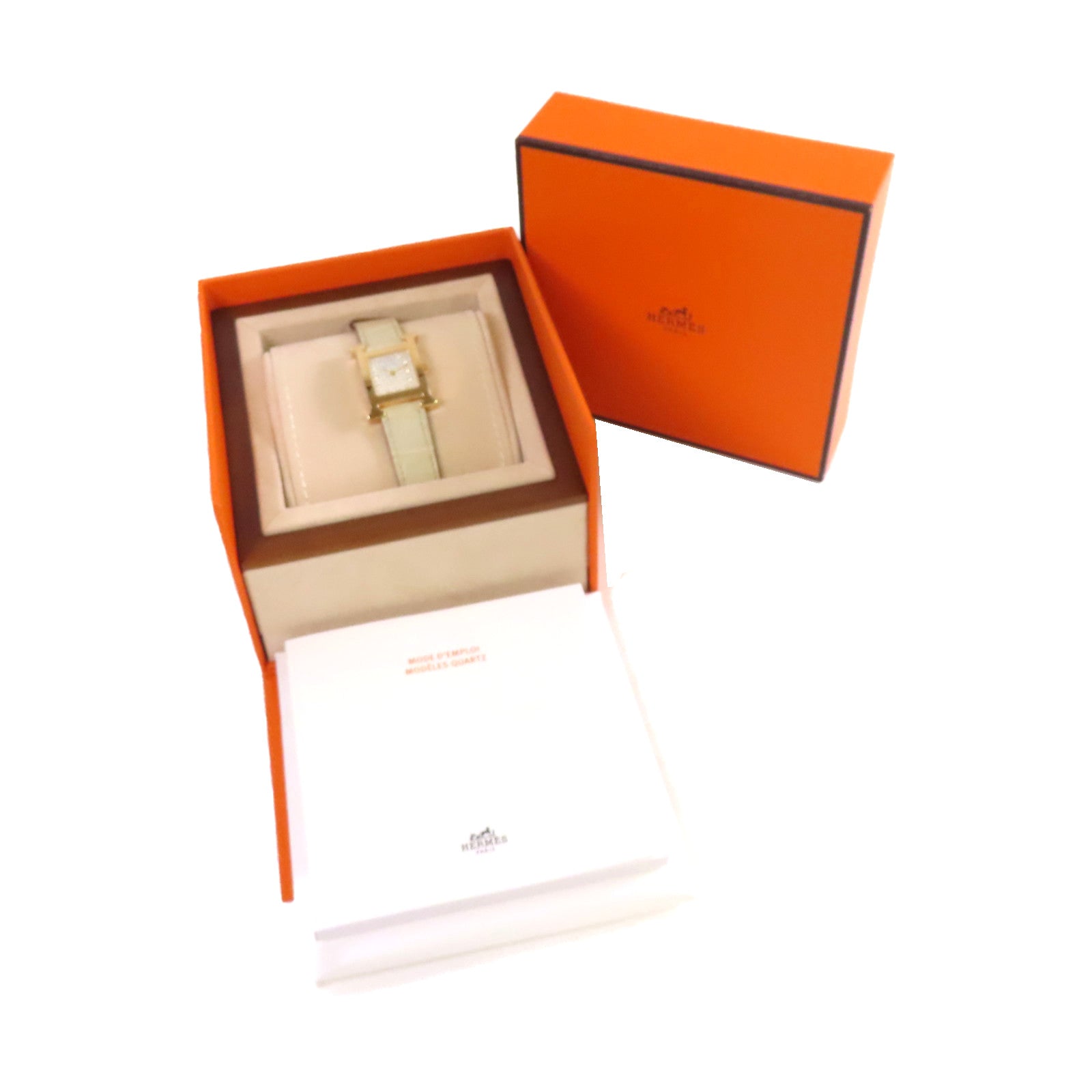 HERMES H Watch不鏽鋼/鱷魚皮革帶石英機芯手錶貝殼色/金色