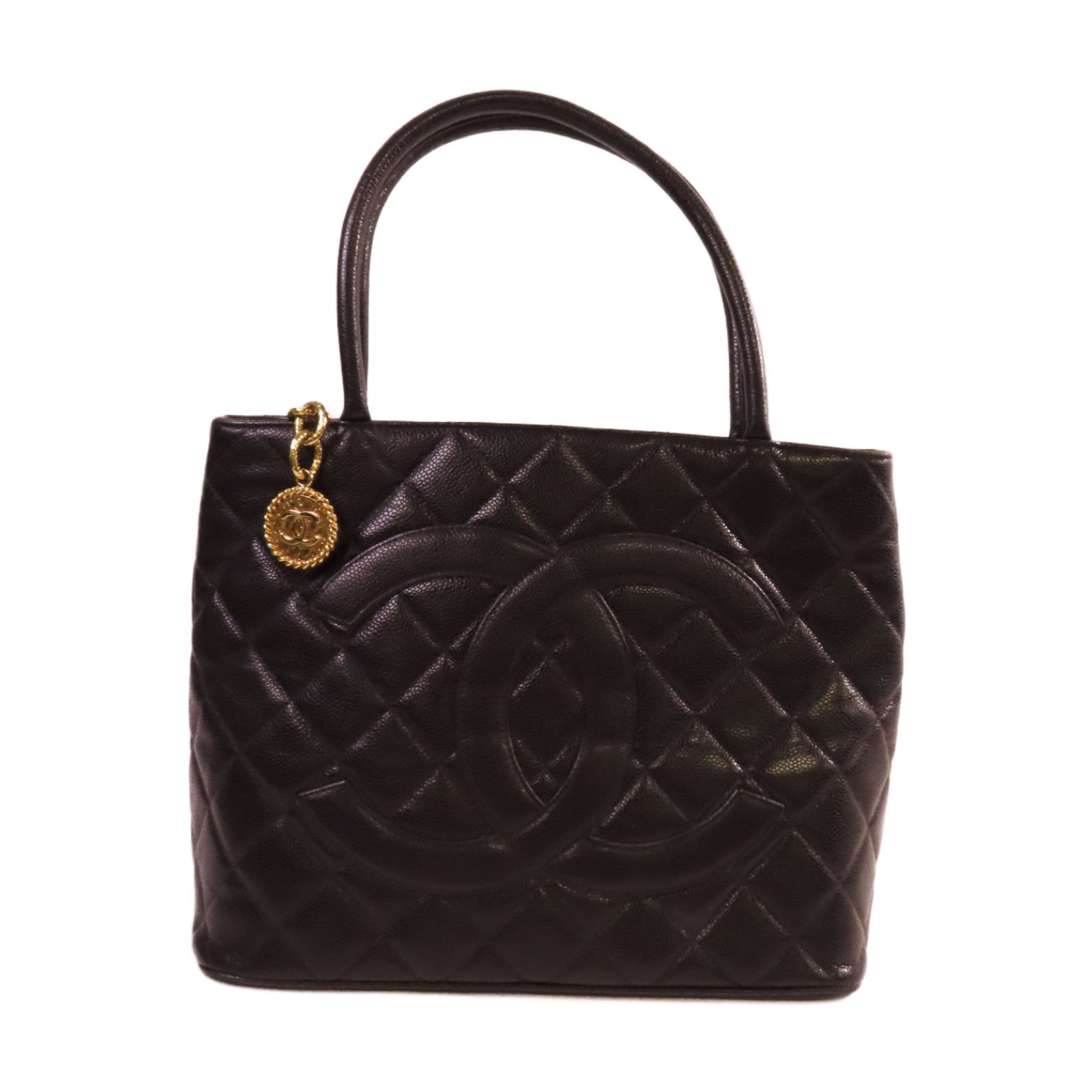 CHANEL 菱格Caviar皮革Tote Bag金扣手挽袋黑色