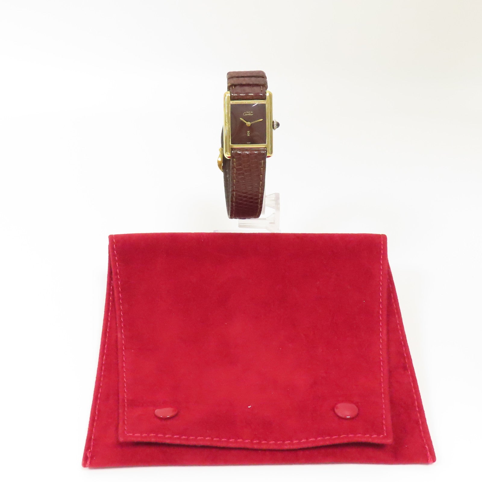 CARTIER Must De Cartier Tank Ladies 18K黃金/蜥蝪皮革帶手錶自動機芯棕色